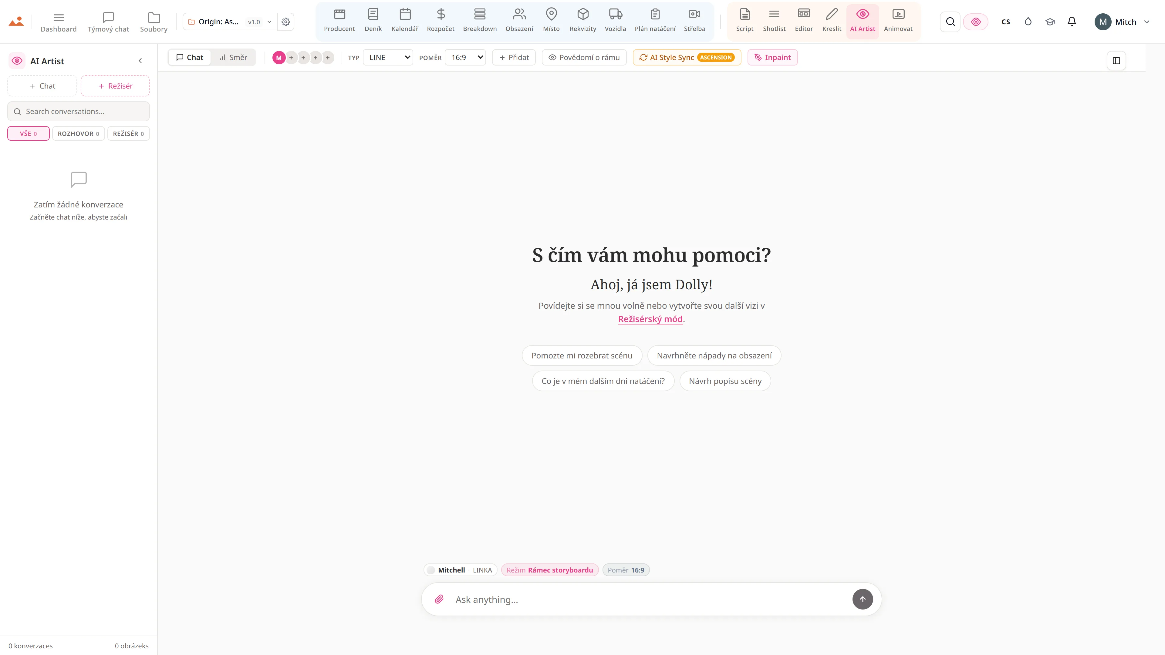 Aplikace AI Artist v bezplatné ukázce, generující storyboardový snímek ve stylu uzamčeného domu projektu.