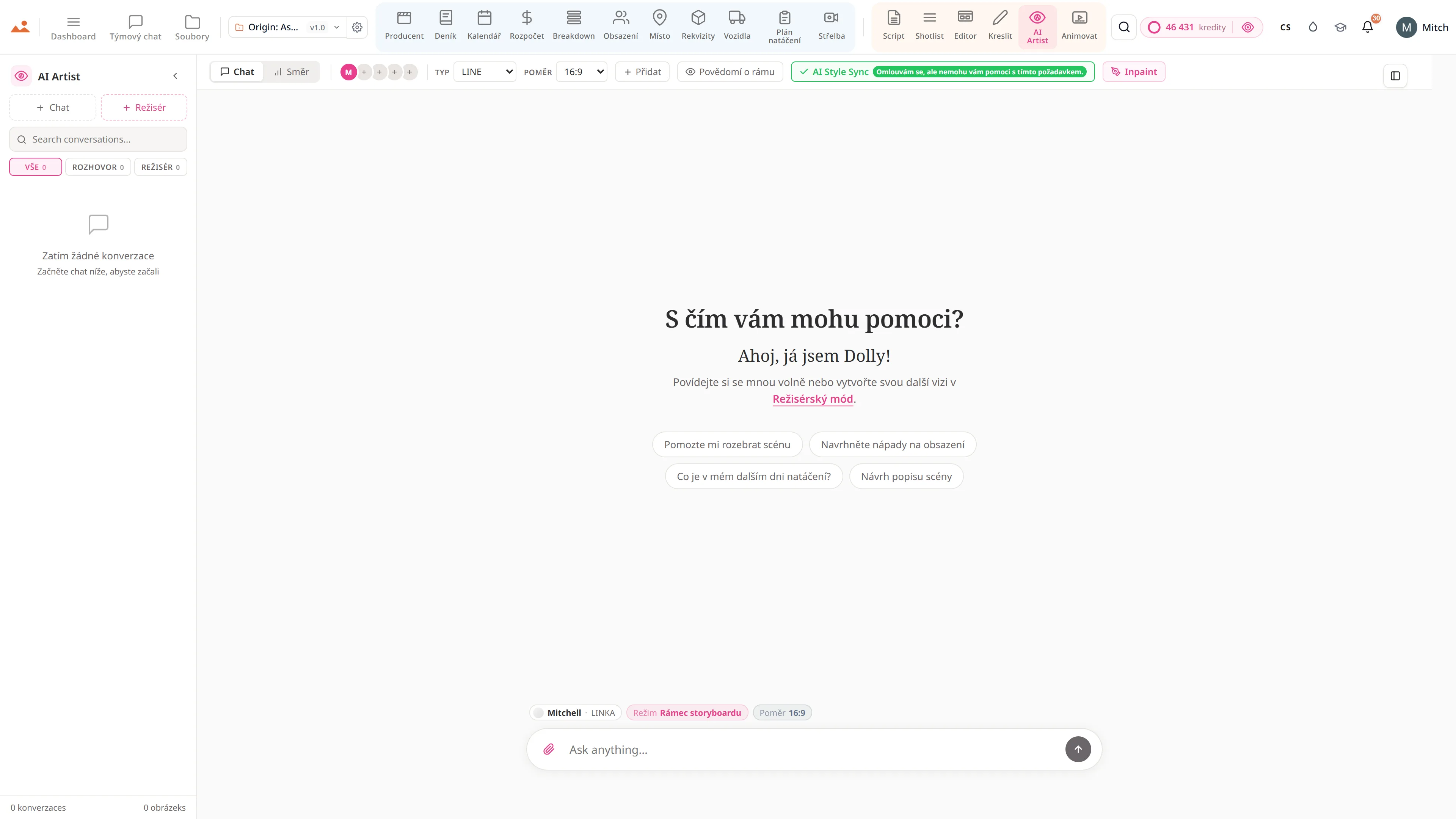 AI Artist - generování obrázků storyboardů uzamčeného ve stylu s motorem DollyAI™.