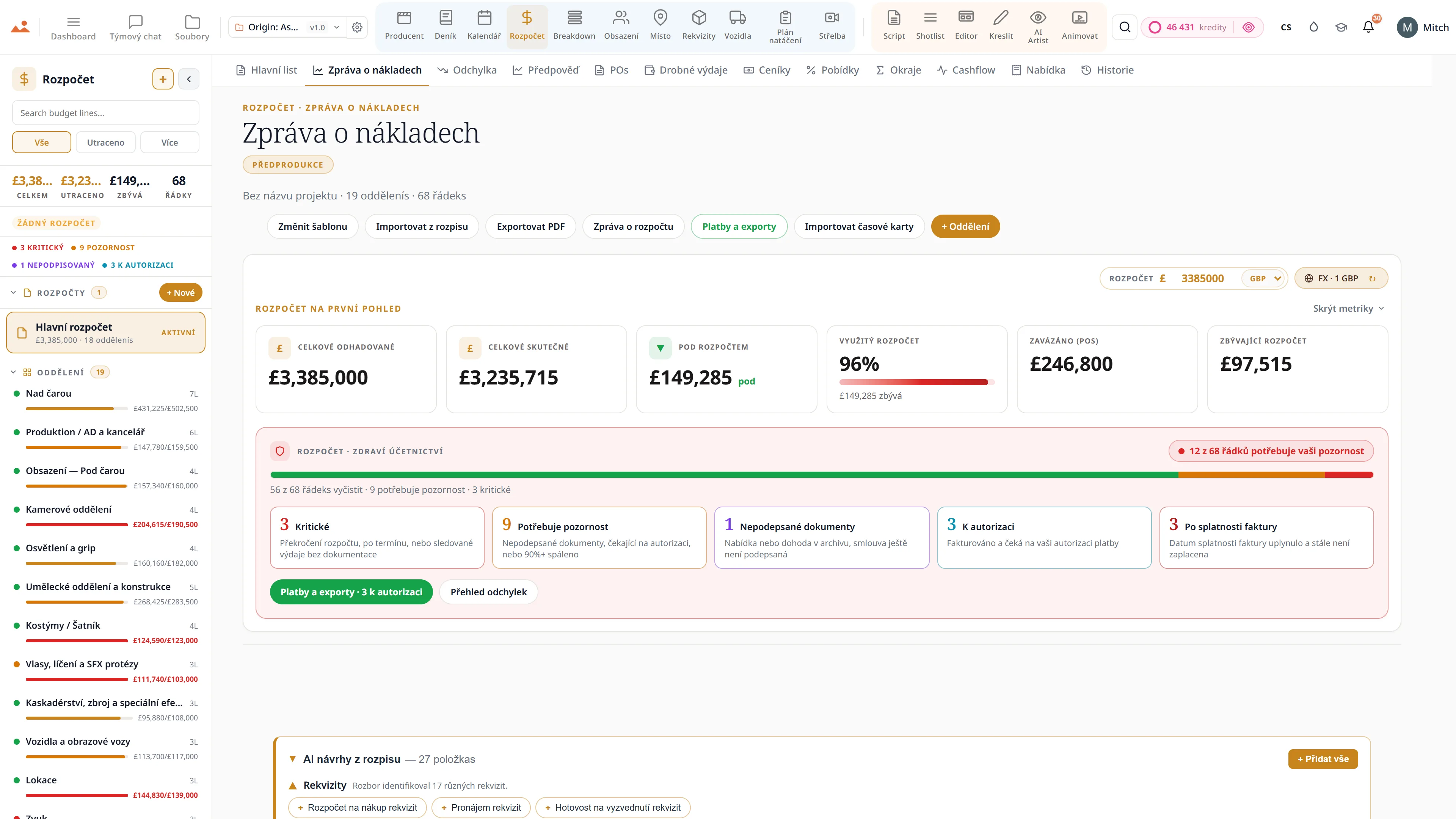 Film budget app - hlavní list, zpráva o nákladech a sledování odchylek v GBP.
