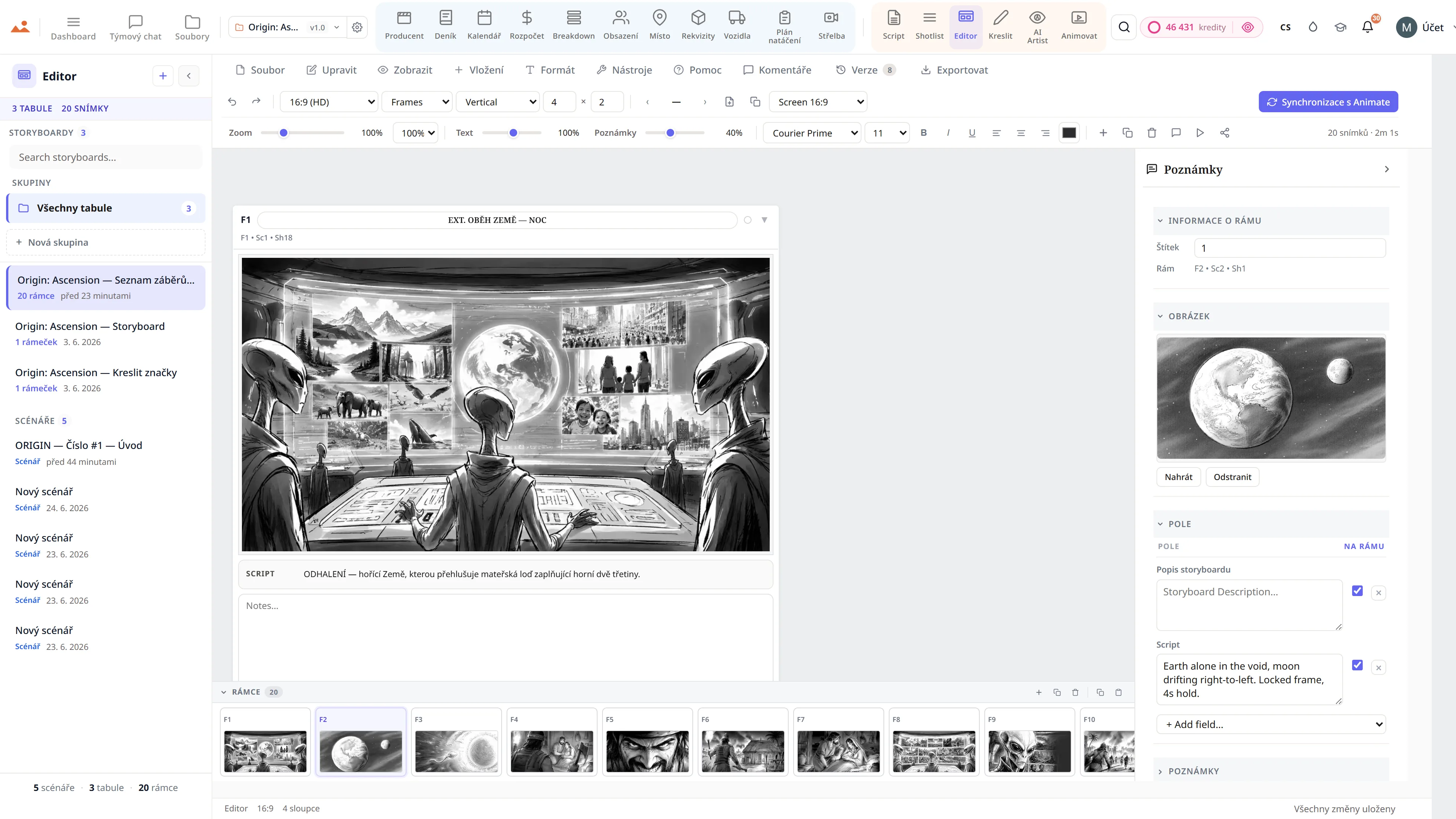 Editor storyboardů - sekvence science-fiction se značkami typu záběru a pohybu kamery.
