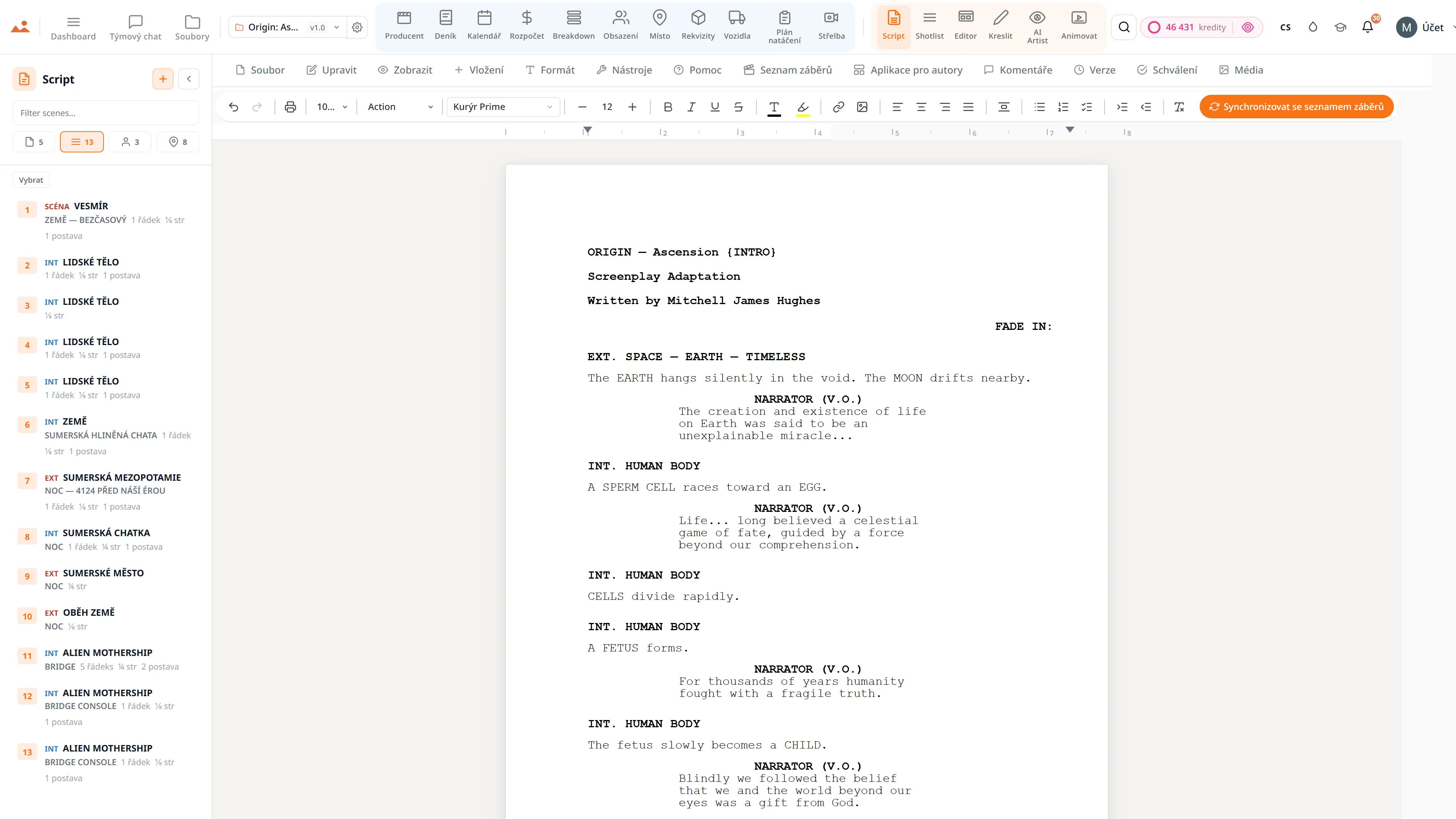 Aplikace pro psaní scénářů - profesionální editor scénáře s živým navigátorem scén a AI asistentem pro psaní.