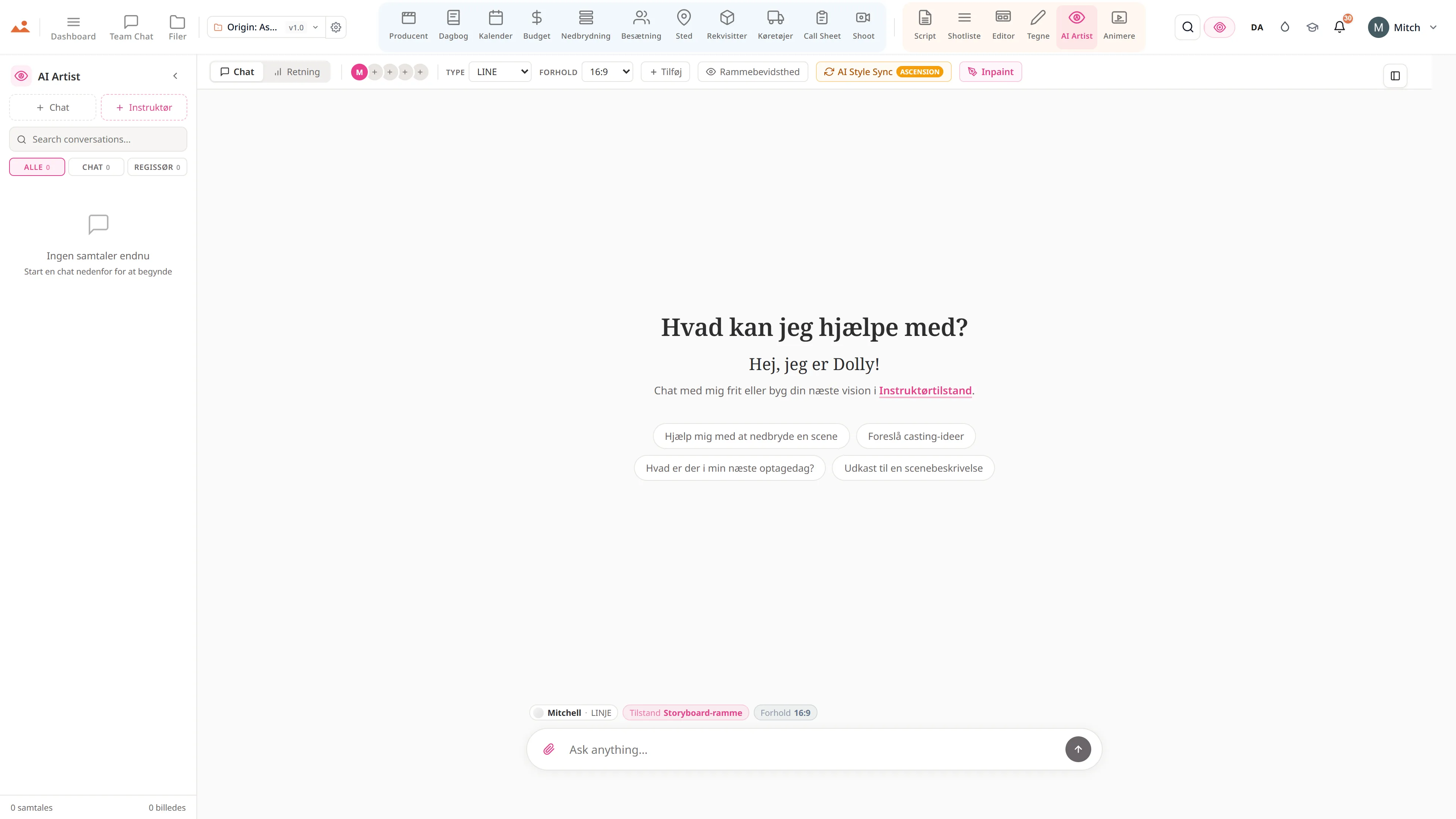AI Artist-appen i den gratis demo, der genererer en Origin: Ascension storyboard-ramme i projektets låste husstil.