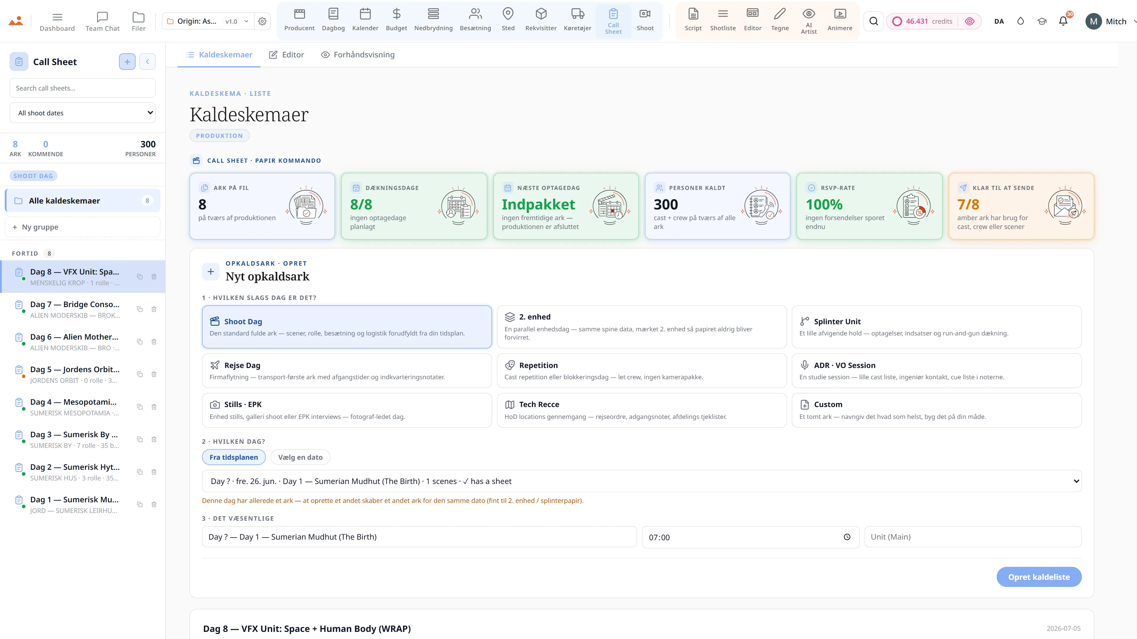 Call sheet app - cast og crew kaldetider, vejr og scene rækkefølge med ét klik forsendelse.