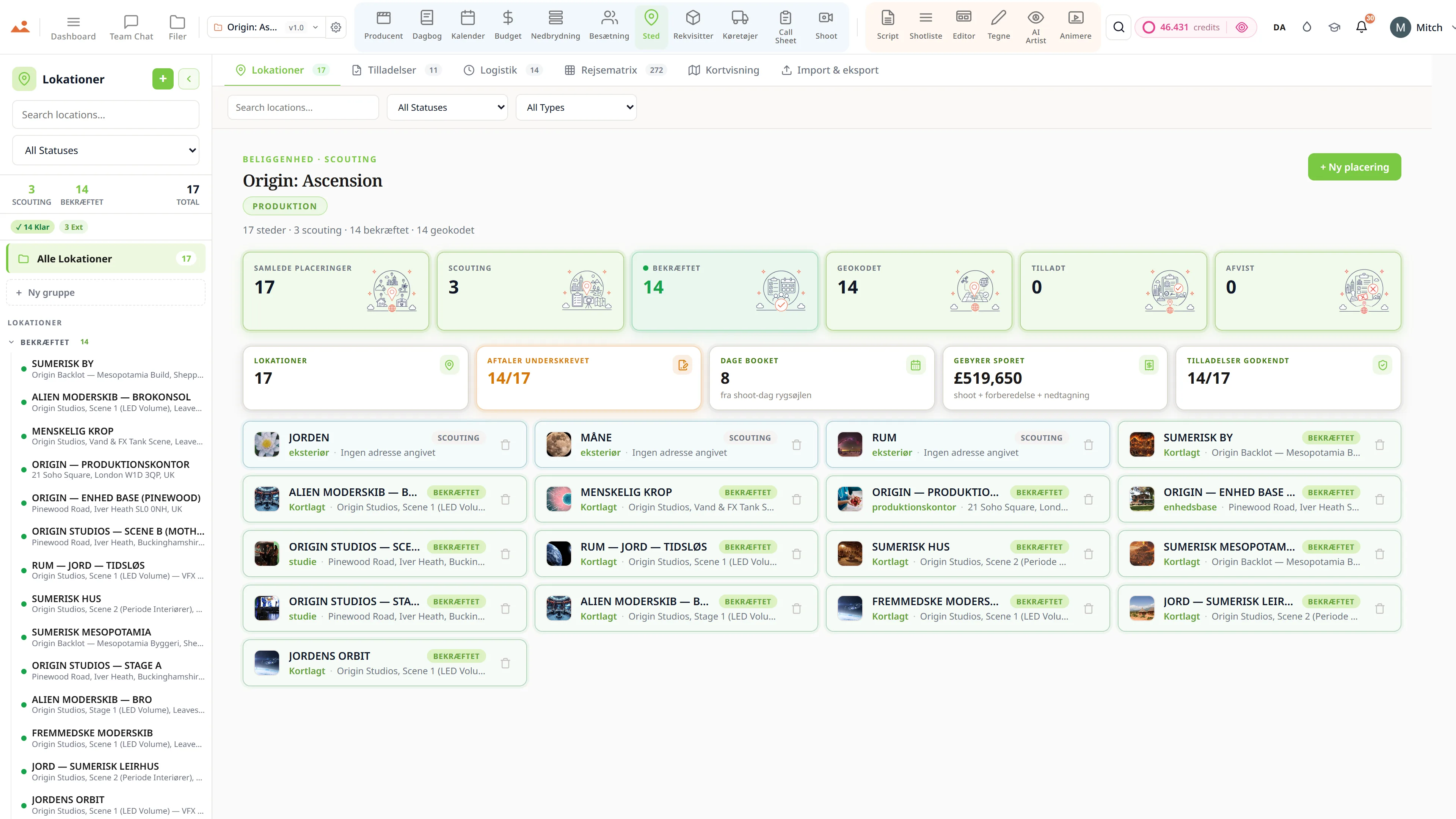 Lokationsscouting - lokationer med tilladelser, logistik og fotoreferencer.