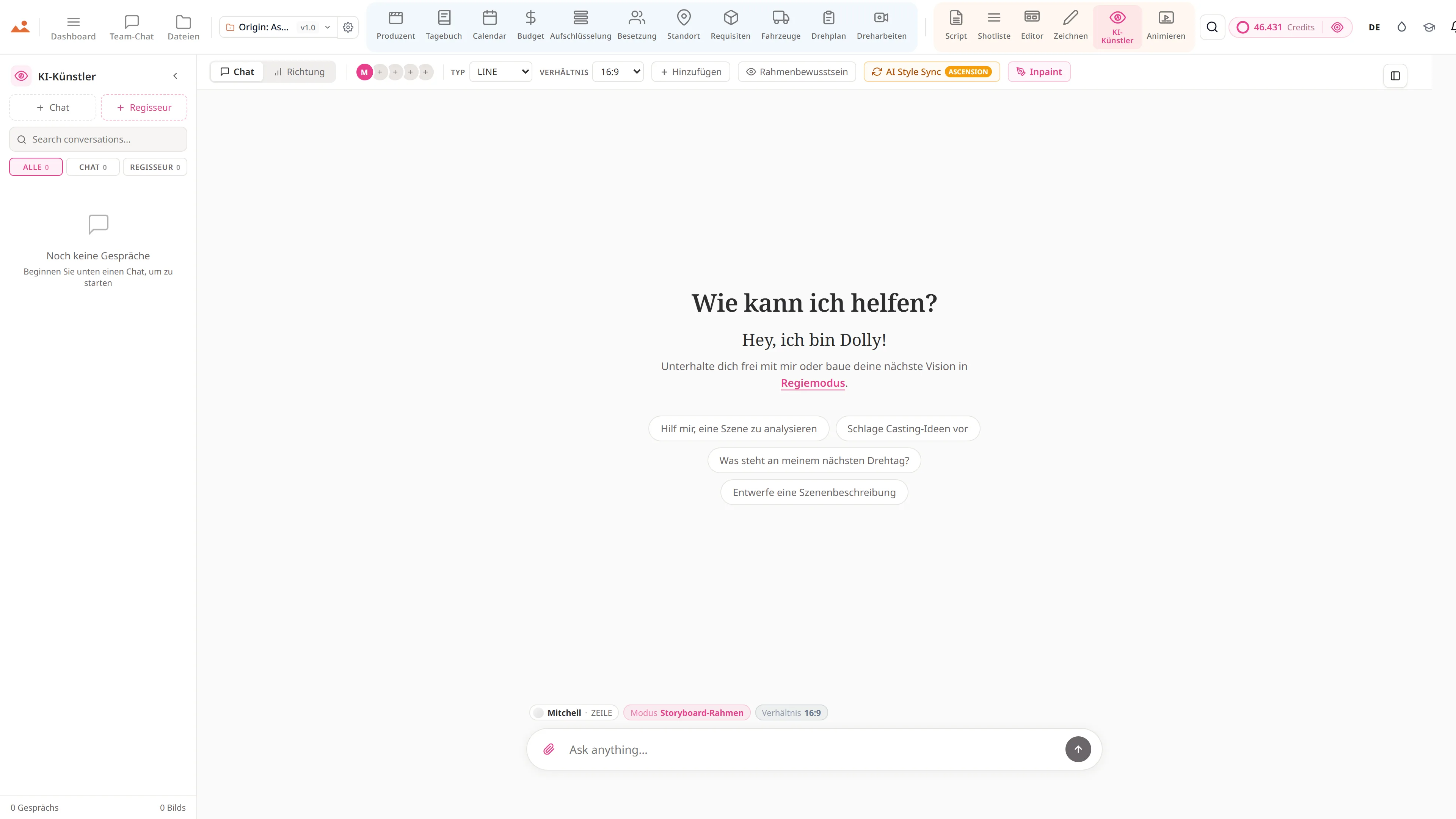 Die AI Artist-App in der kostenlosen Demo, die einen Origin: Ascension Storyboard-Rahmen im gesperrten Hausstil des Projekts generiert.