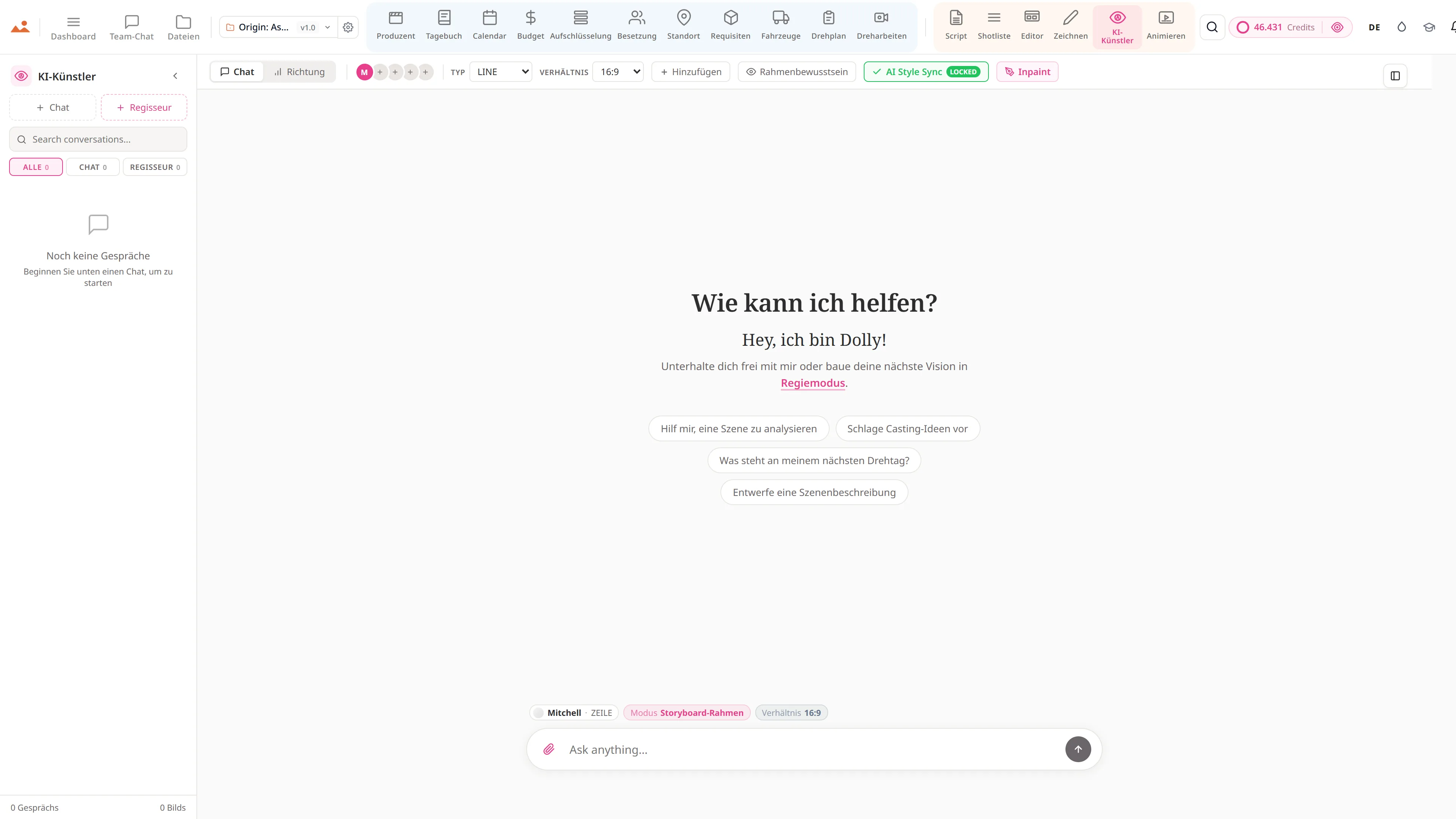 AI Artist - stilgebundene Storyboard-Bilderzeugung mit der DollyAI™-Engine.