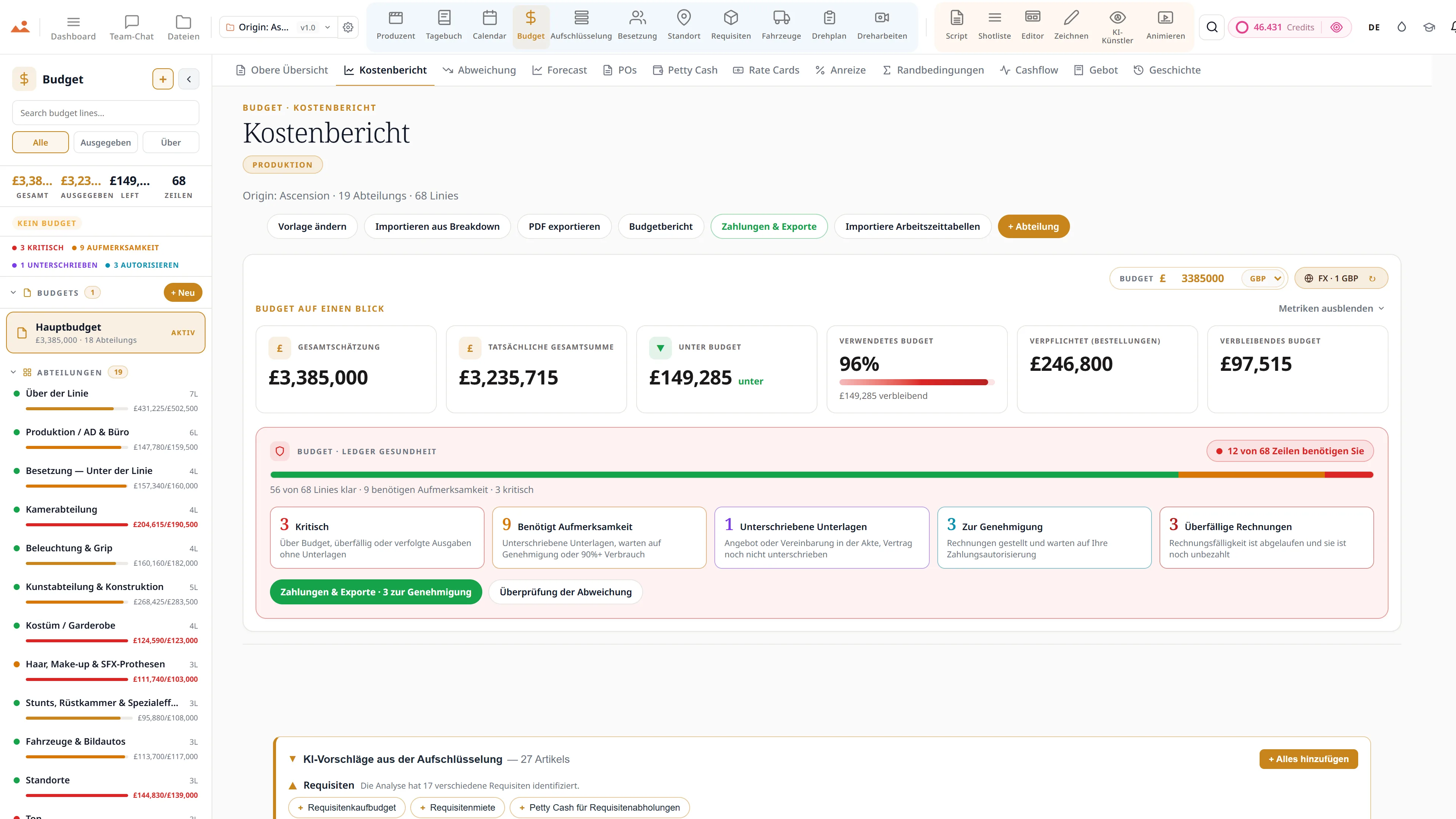 Film Budget App - Deckblatt, Kostenbericht und Abweichungsverfolgung in GBP.