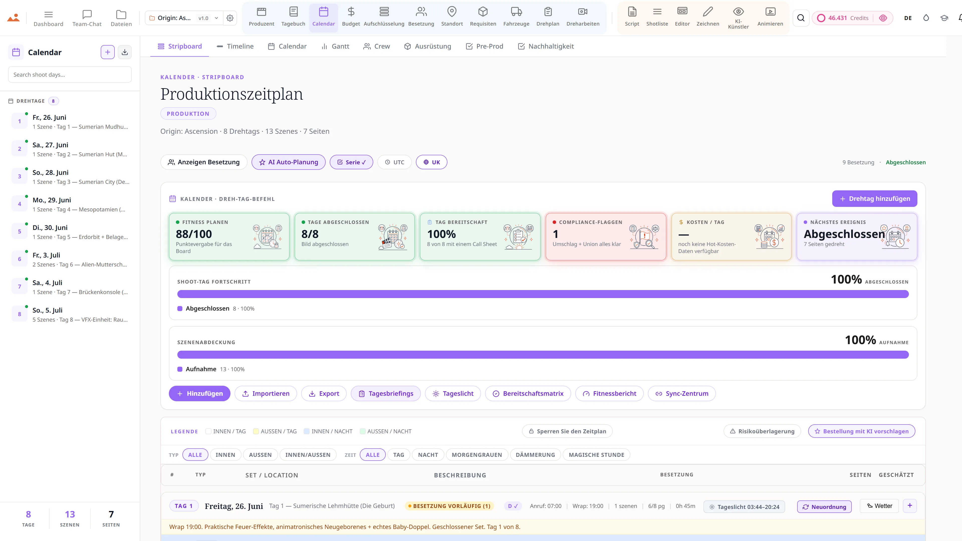 Produktionskalender und Stripboard - farbcodierte Szenenstreifen über die Drehtage.