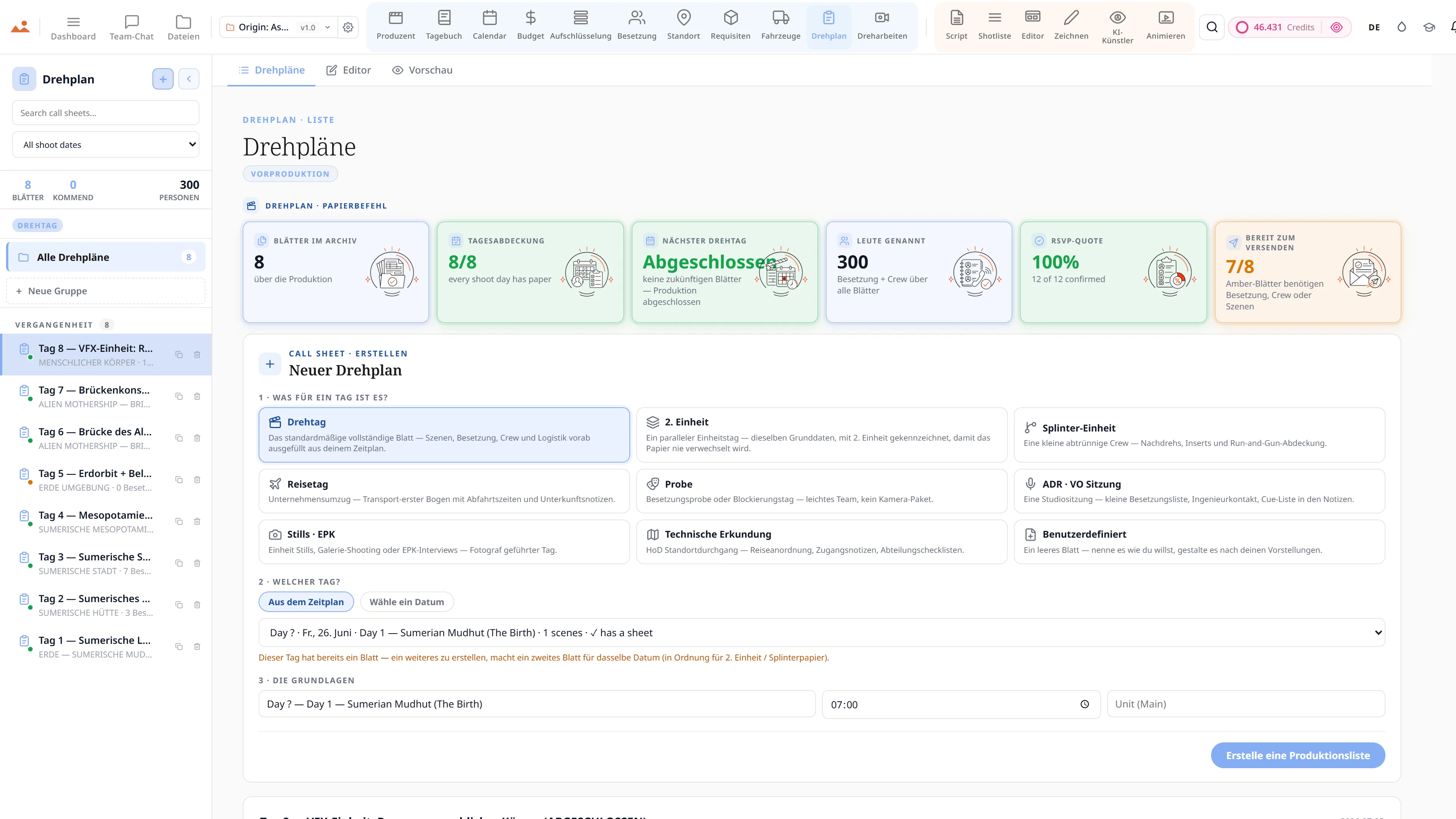 Die Call Sheet-App in der kostenlosen Demo, die ein fertiges Origin: Ascension Drehtag-Call-Sheet anzeigt.