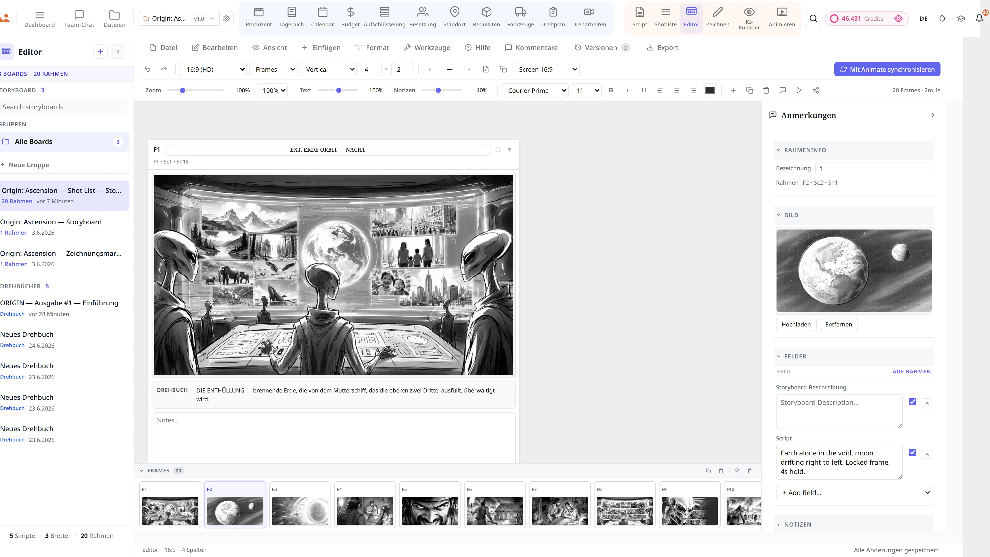 Storyboard-Editor - eine Science-Fiction-Sequenz mit Shot-Typ und Kamera-Bewegungsannotationen.