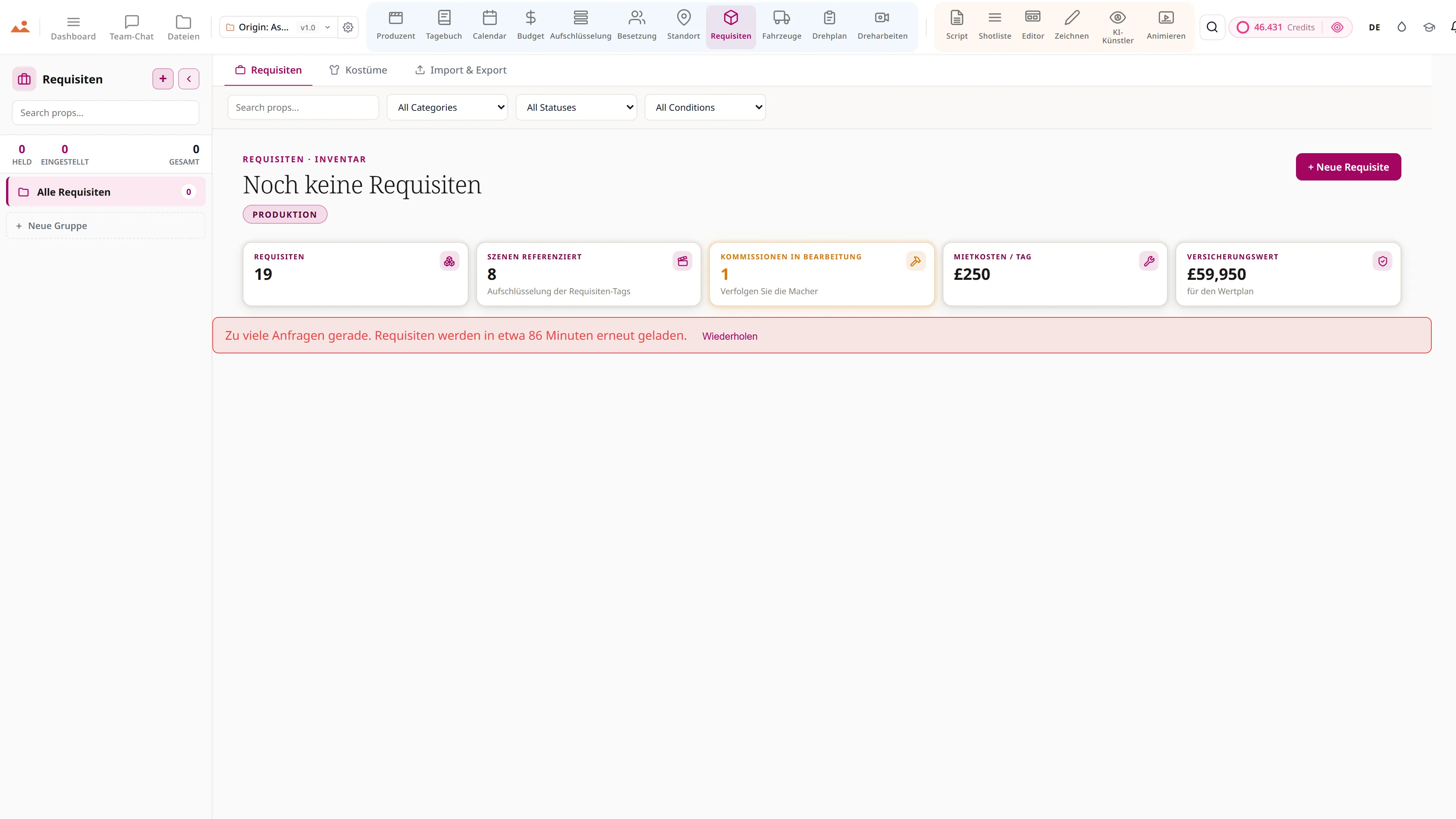 Requisiten- und Kostümkontinuität - Requisiteninventar mit Mietstatus und Szenenreferenzen.