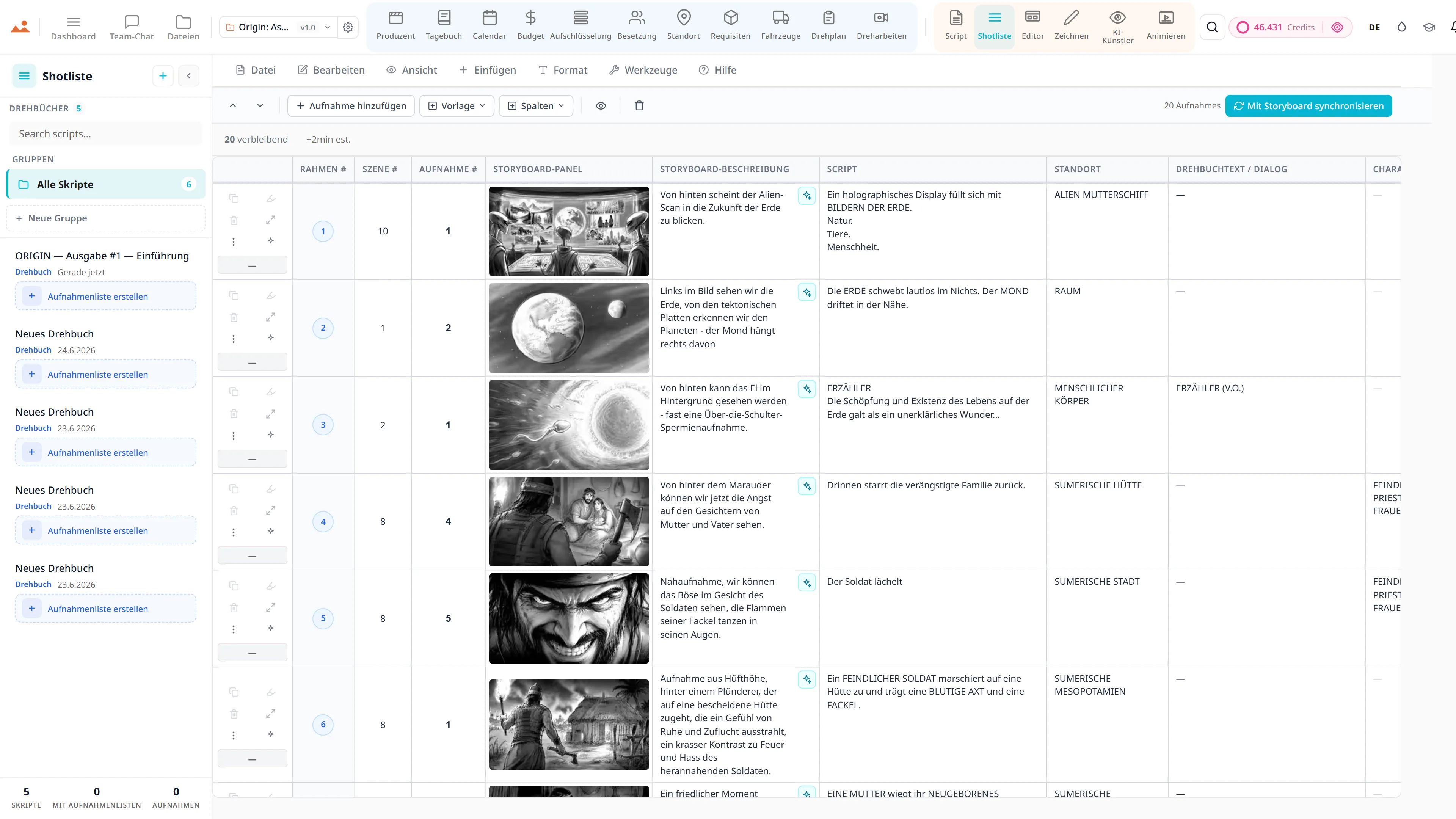 Shotlist-App - Kamera, Objektiv und Bewegung pro Aufnahme, verknüpft mit Storyboard-Frames.