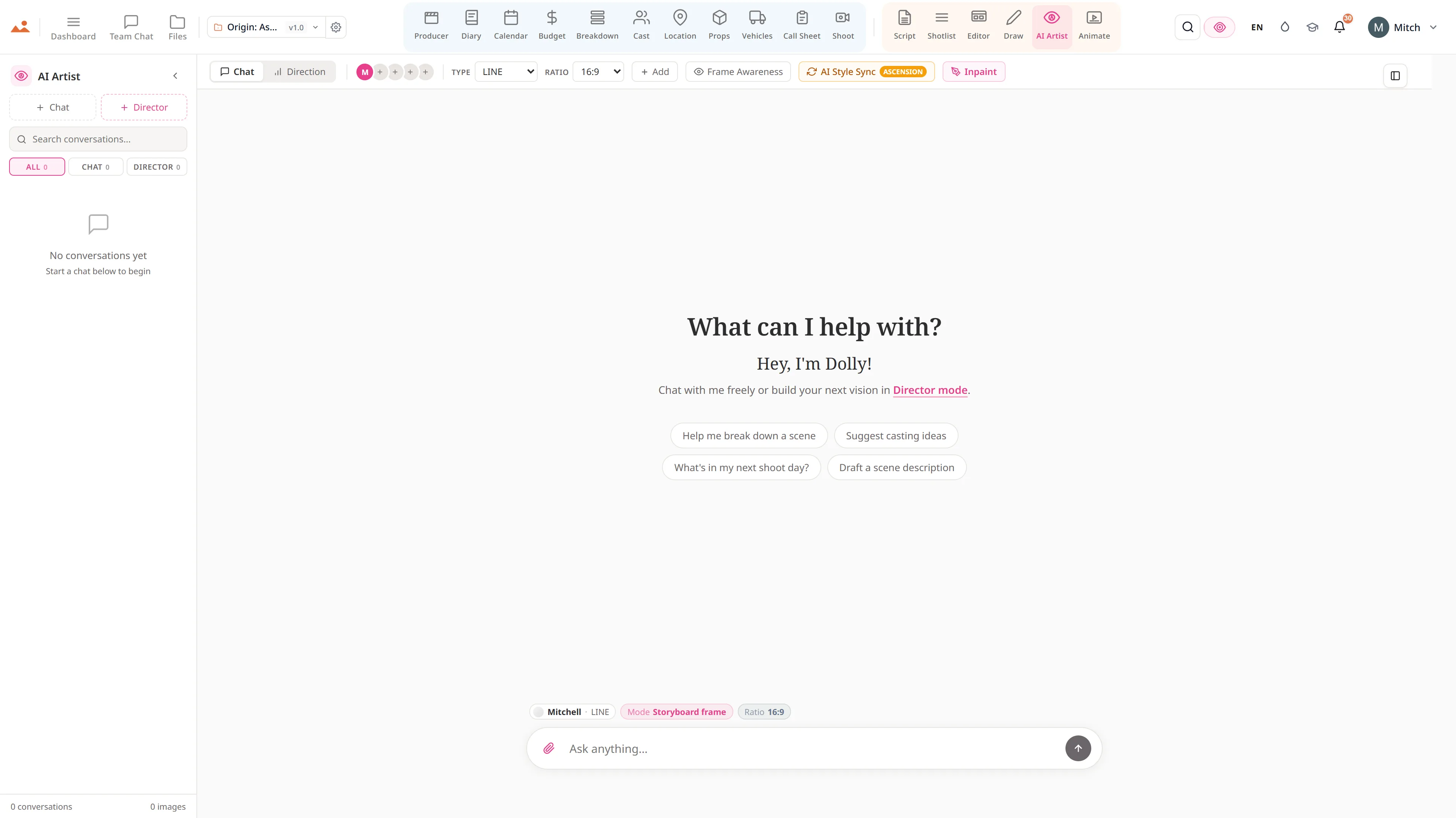 AI Artist - style-locked storyboard image generation with the DollyAI™ engine.