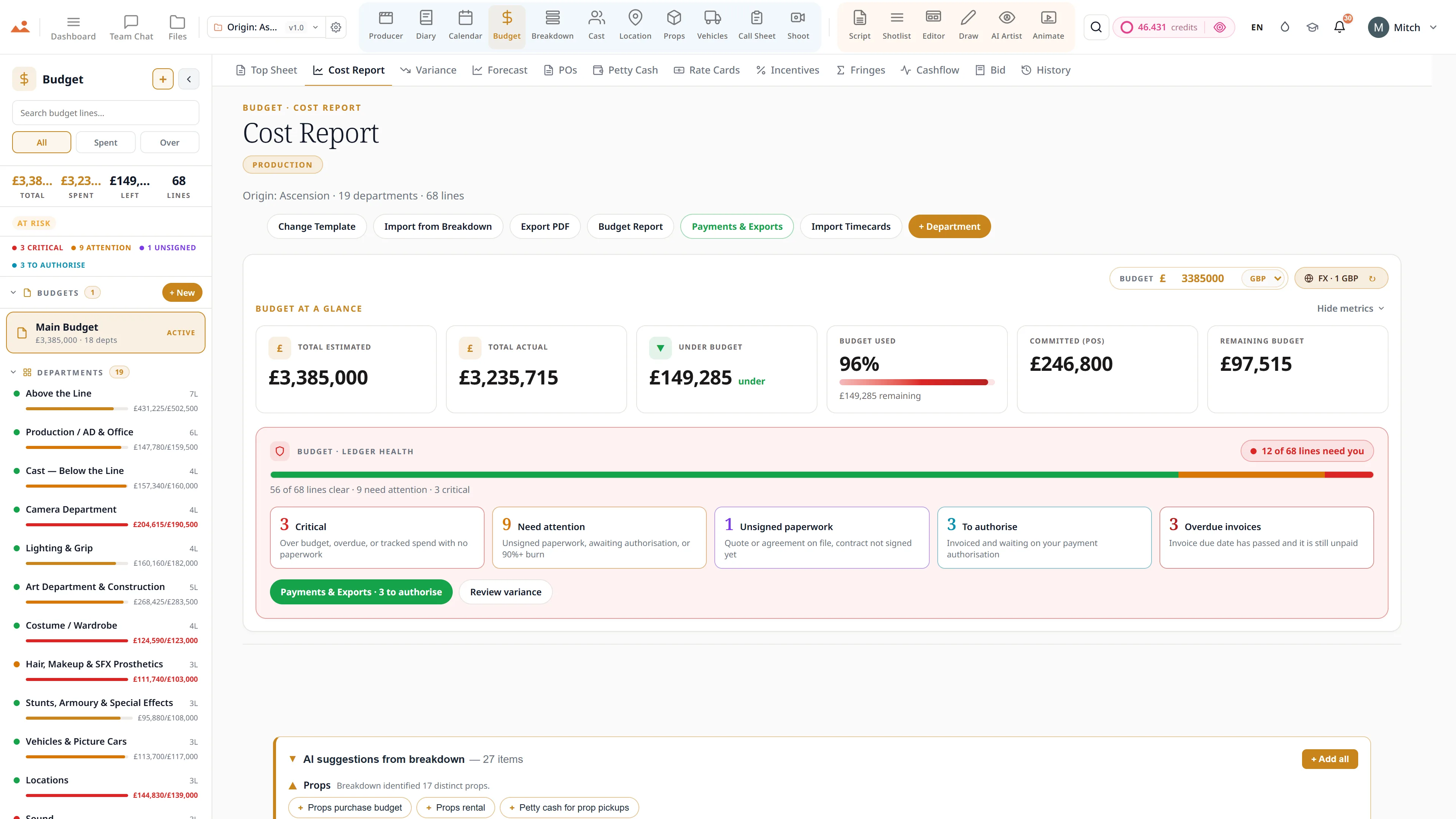 Film budget app - top sheet, cost report and variance tracking in GBP.