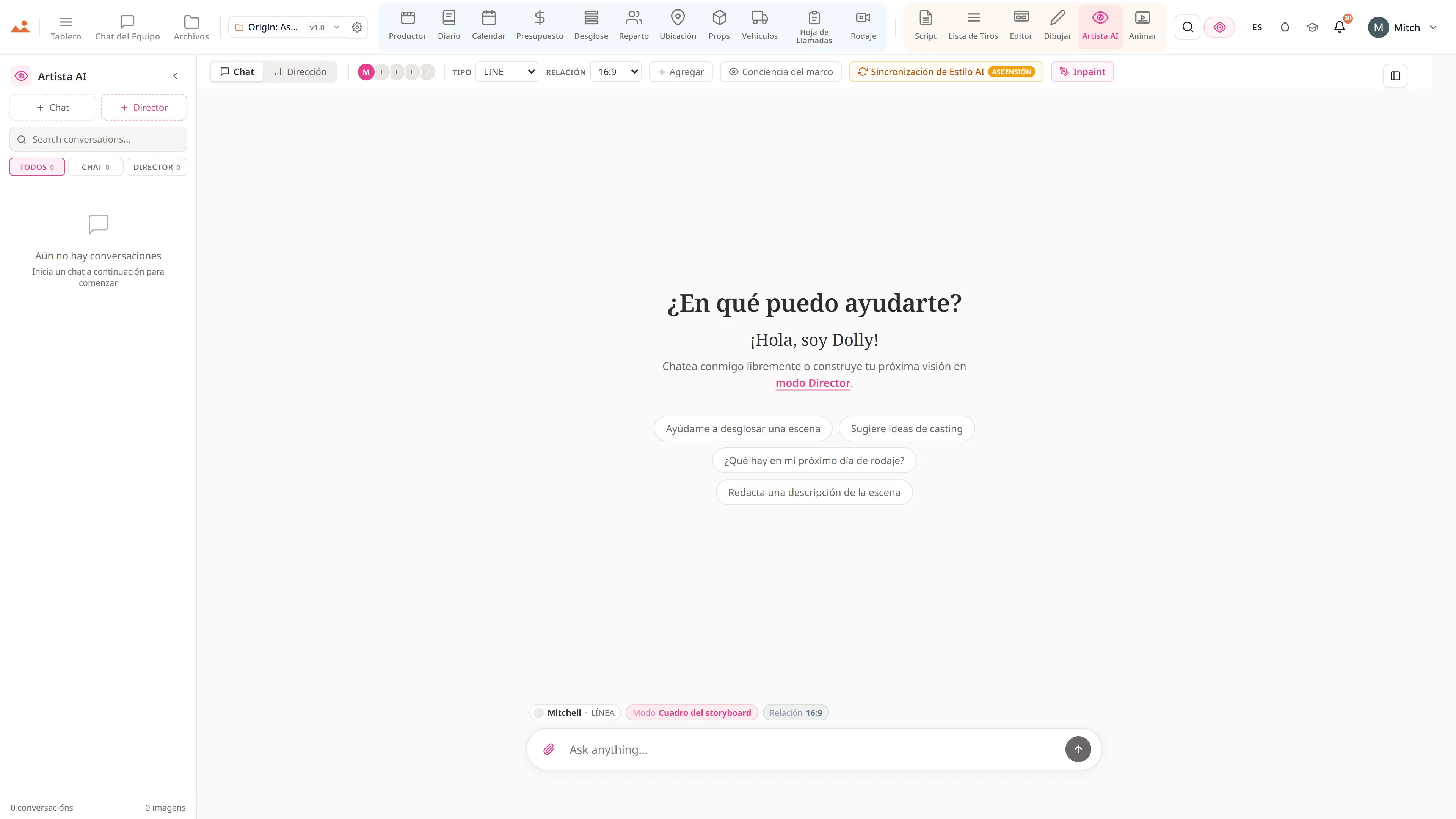 La app AI Artist en la demo gratuita, generando un storyboard frame en el estilo de casa bloqueado del proyecto.