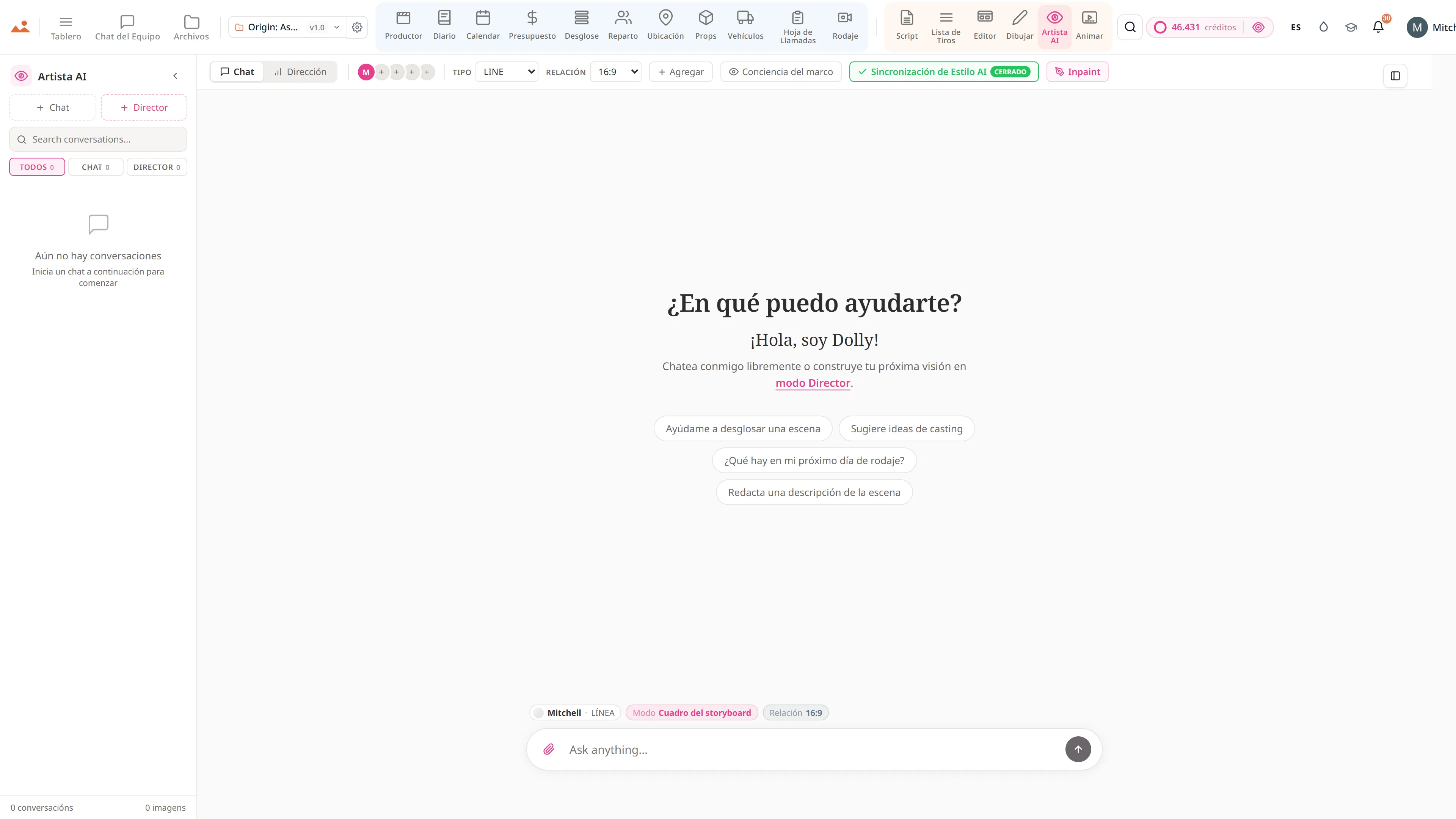 AI Artist - generación de imágenes de storyboard con estilo bloqueado utilizando el motor DollyAI™.