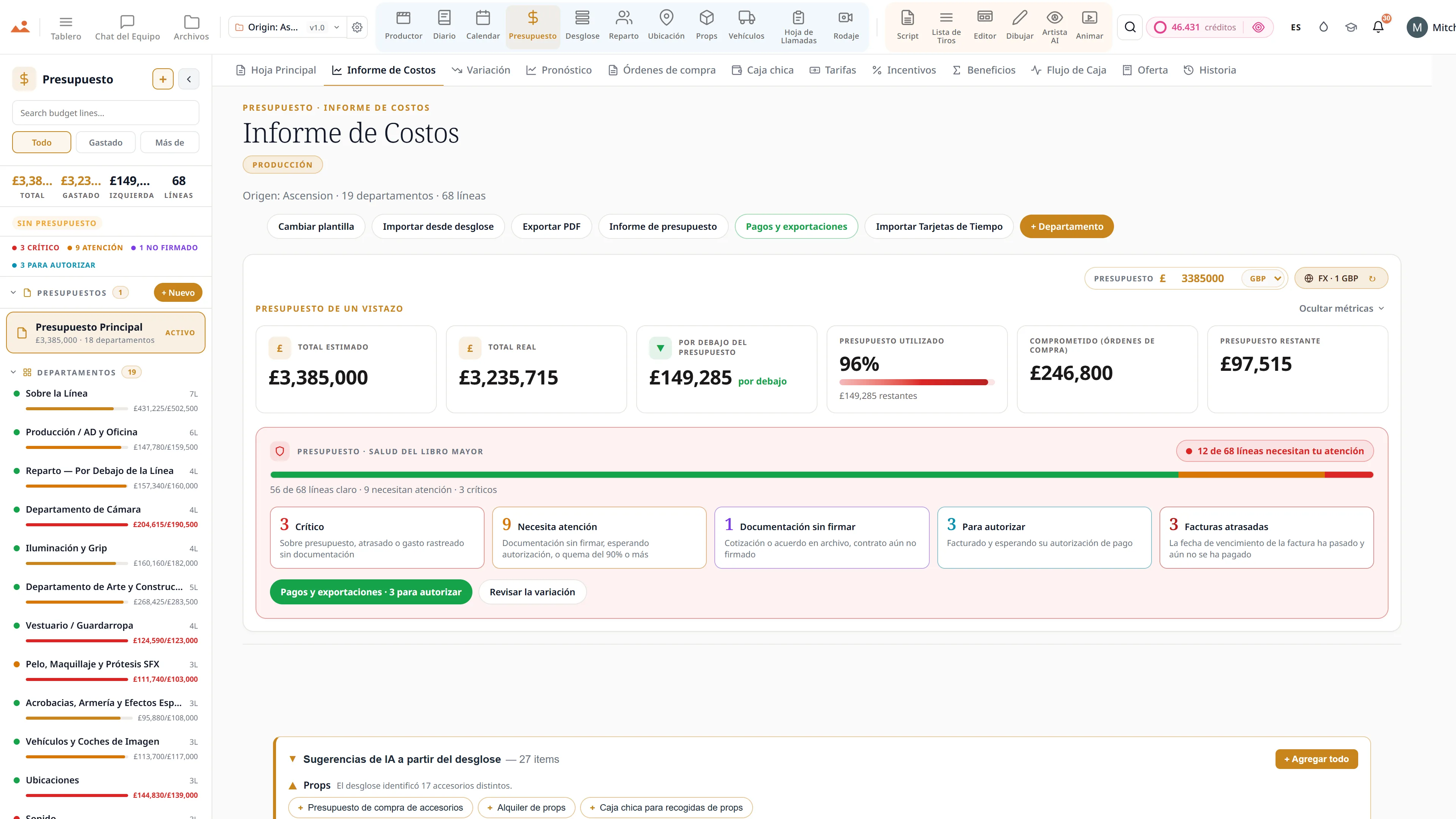 Film budget app - hoja principal, informe de costos y seguimiento de variaciones en GBP.