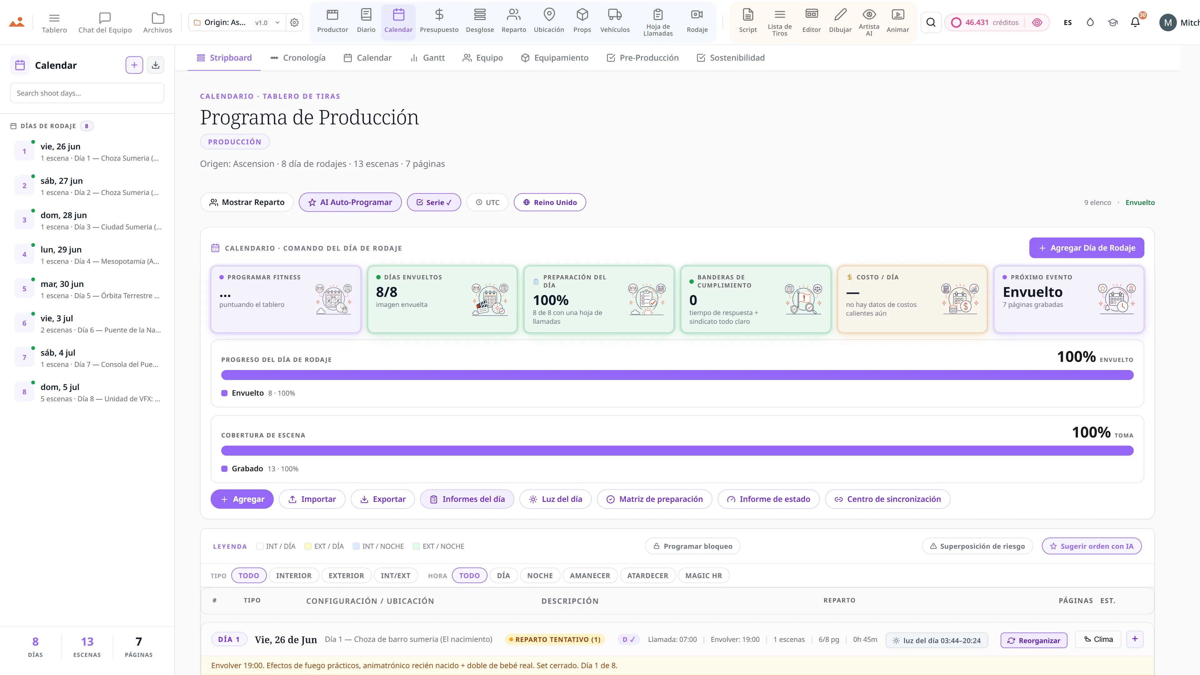 Calendario de producción y stripboard - tiras de escena codificadas por colores a lo largo de los días de rodaje.