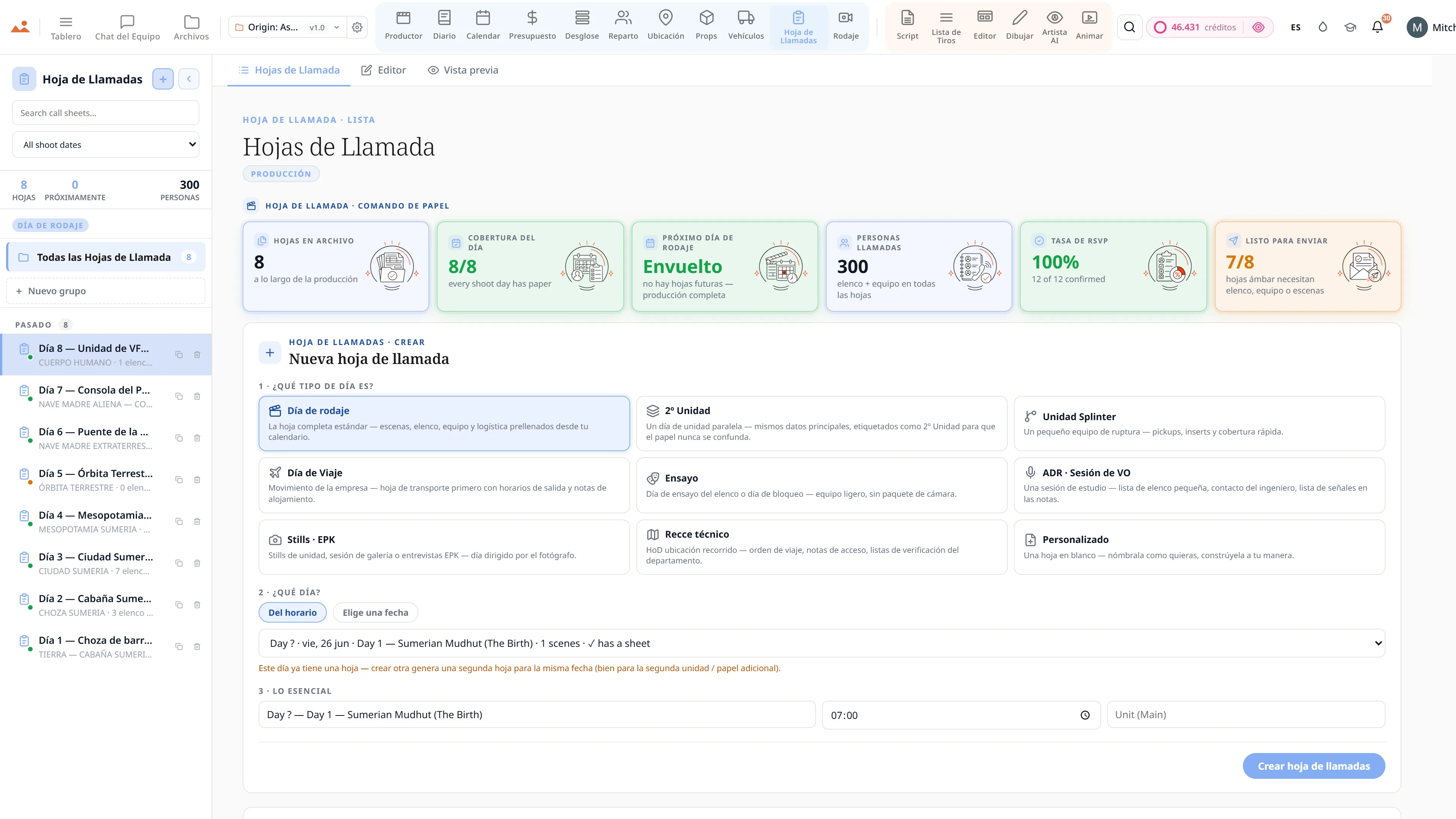 La app Call Sheet en la demo gratuita, mostrando una hoja de llamada de día de rodaje terminada.