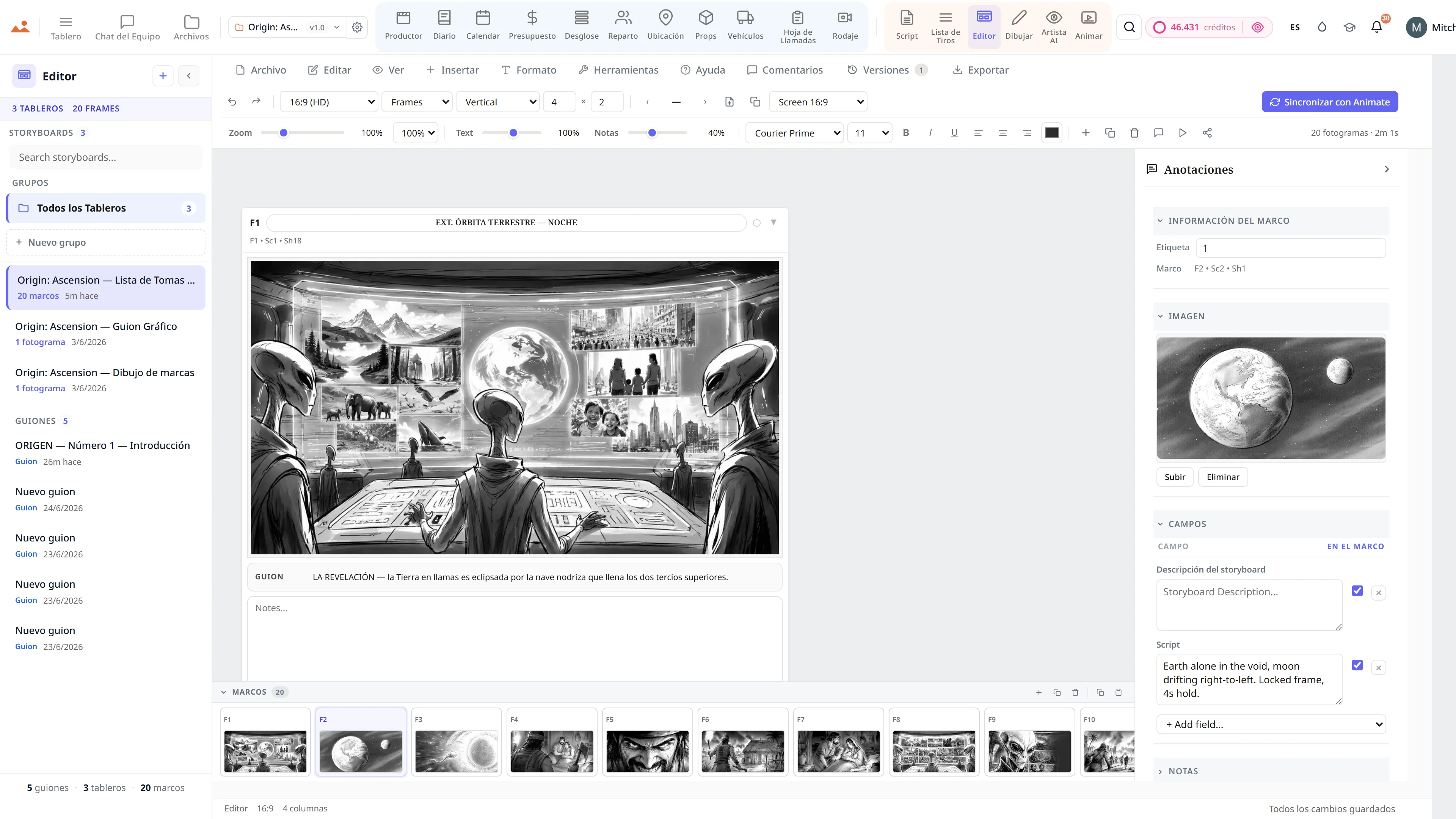 Editor de storyboard - una secuencia de ciencia ficción con anotaciones de tipo de toma y movimiento de cámara.