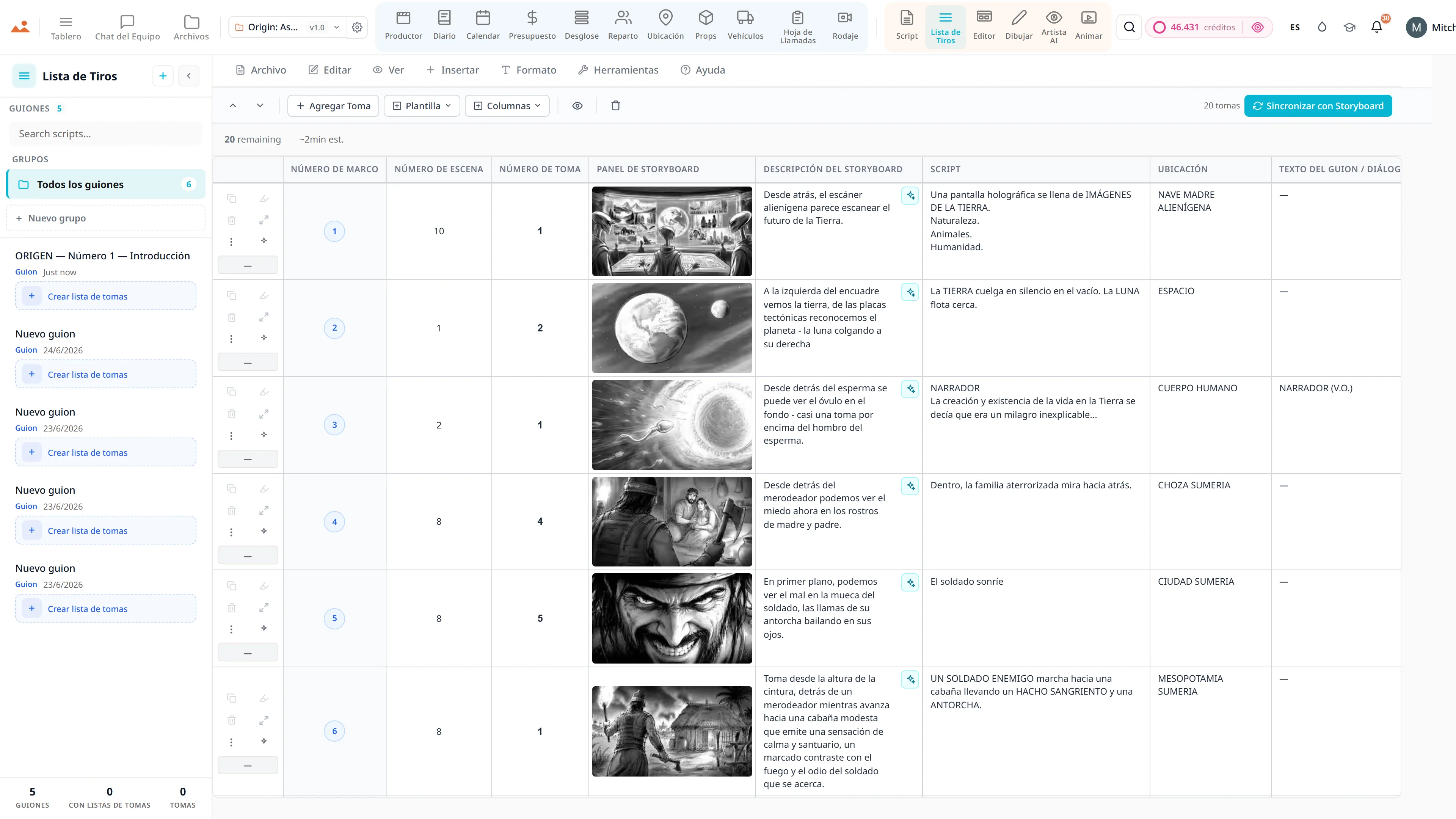 Aplicación de lista de tomas - cámara, lente y movimiento por toma, vinculada a los fotogramas del storyboard.