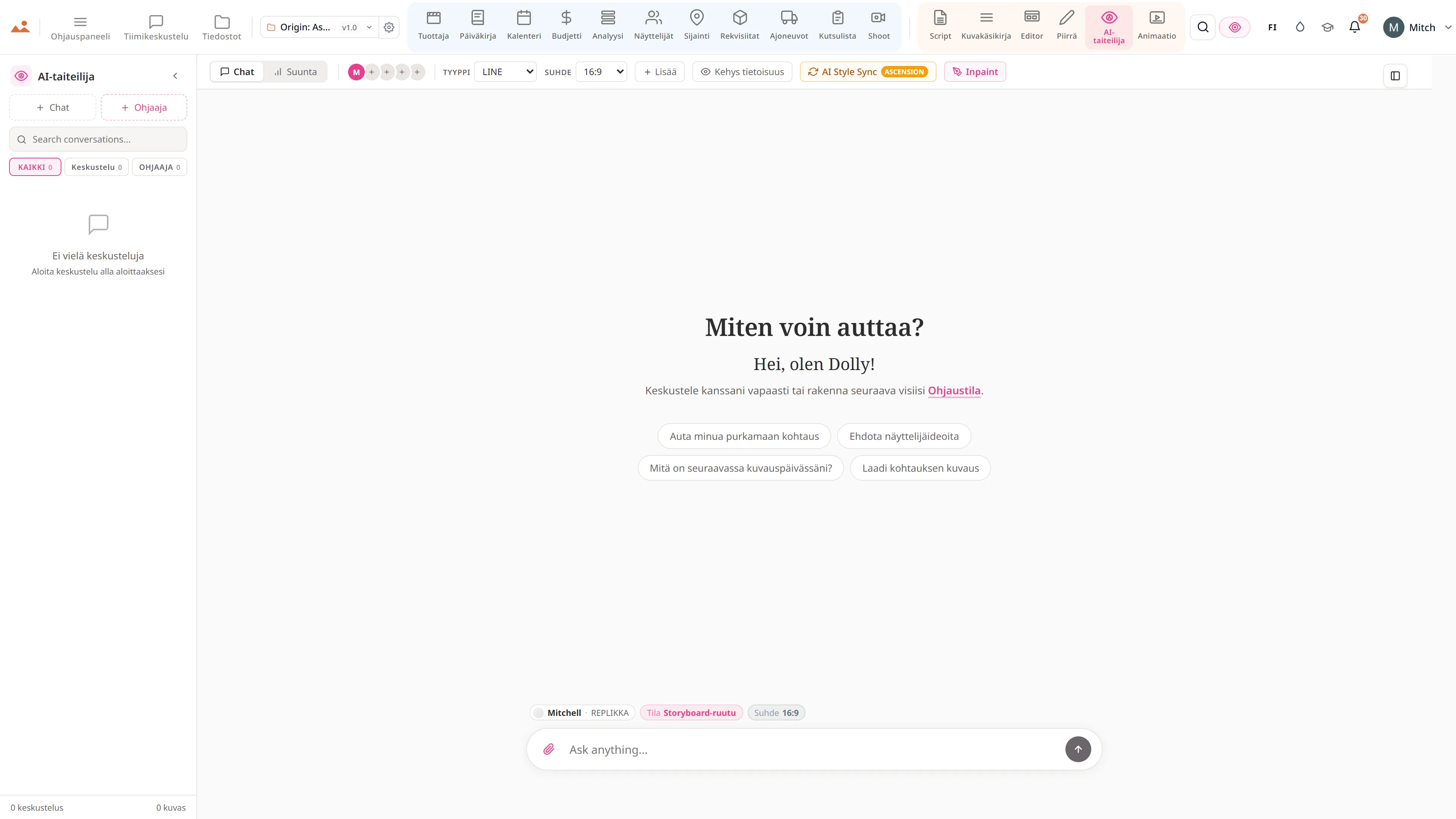 Ilmainen demoversio AI Artist -sovelluksesta, joka luo storyboard-kehyksen projektin lukitussa talotyyliissä.