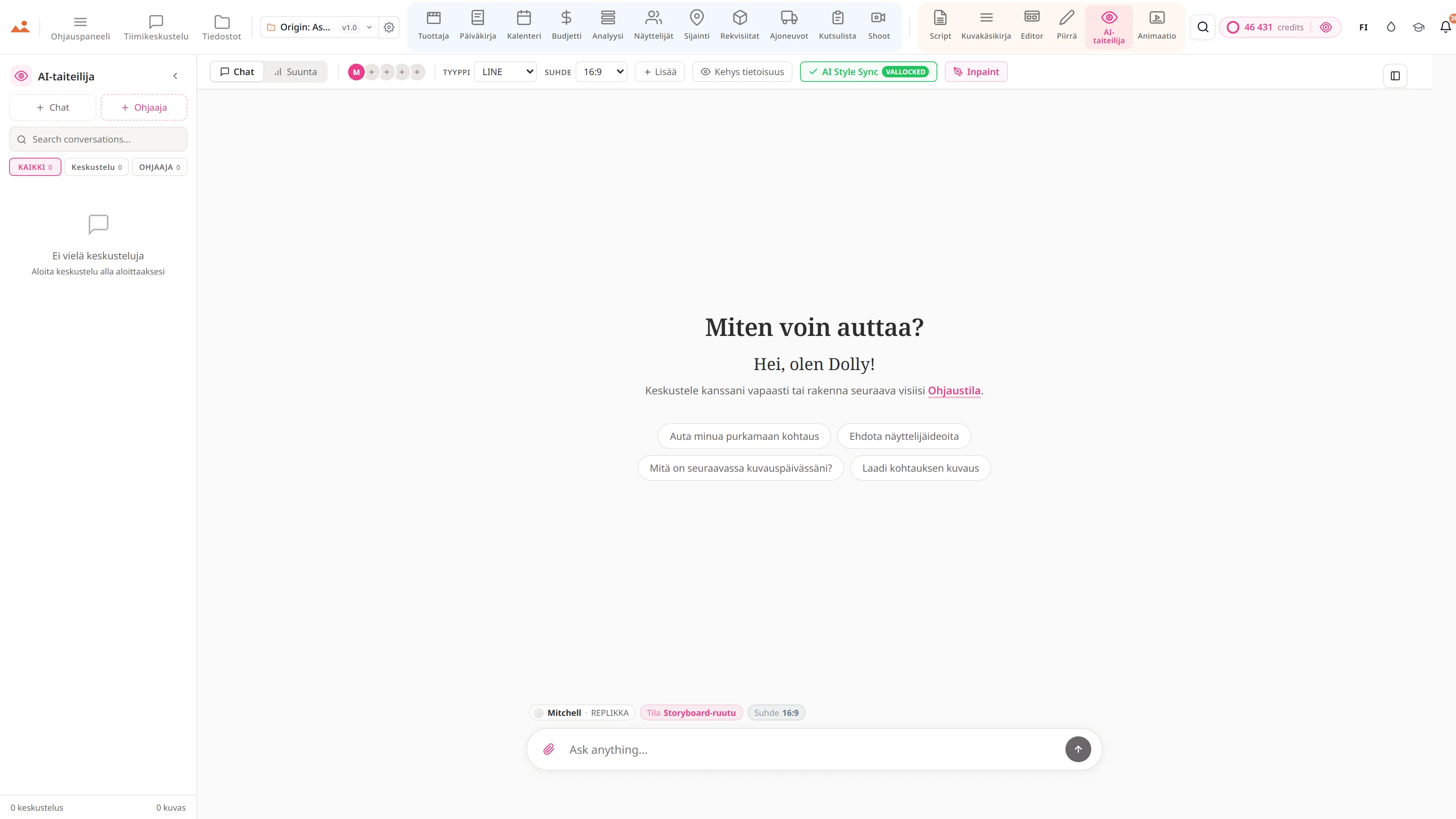 AI Artist - tyyliin lukittu storyboard-kuvagenerointi DollyAI™-moottorilla.