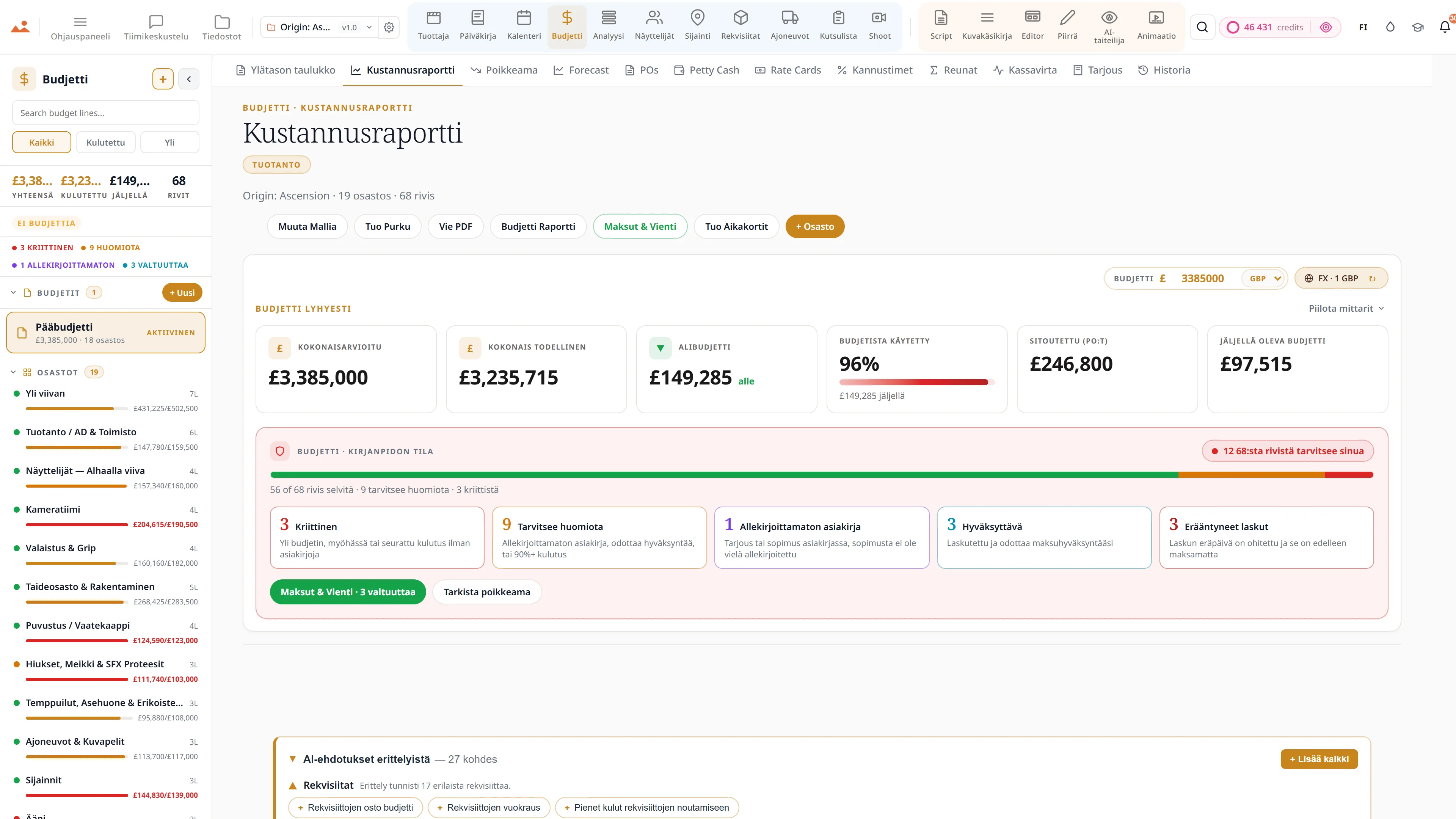 Elokuvabudjetti-sovellus - ykkössivu, kustannusraportti ja poikkeamien seuranta GBP:ssä.
