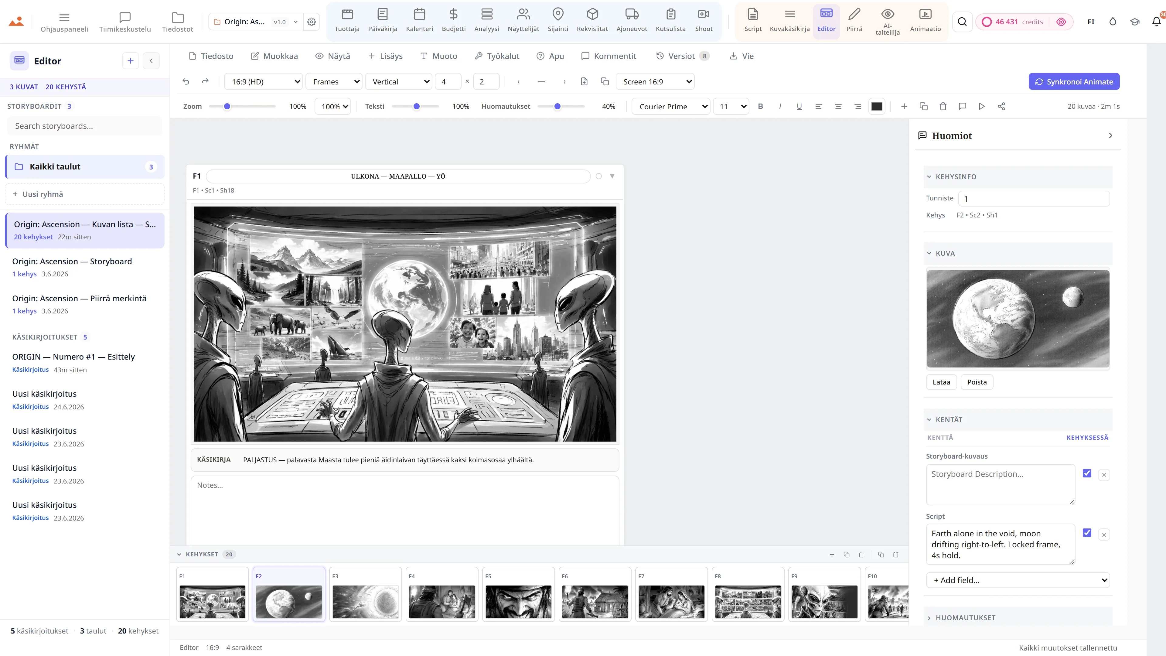 Storyboard-editori - tieteiskirjallisuuden jakso, jossa on kuvatyypin ja kameraliikkeen merkinnät.
