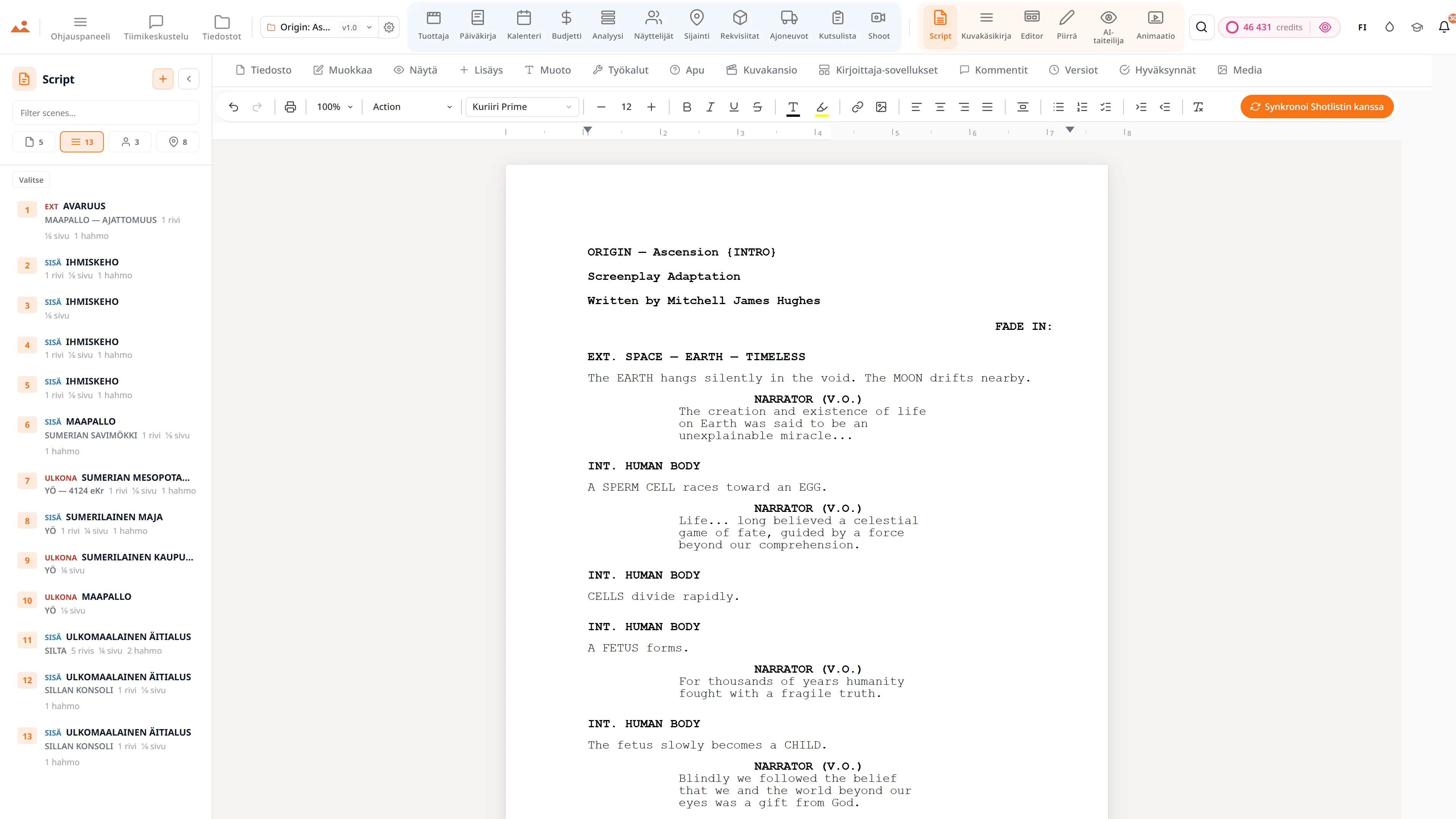 Screenwriting-sovellus - ammattimainen käsikirjoituseditori, jossa on live-kohtausnavigatori ja AI-kirjoitusavustaja.