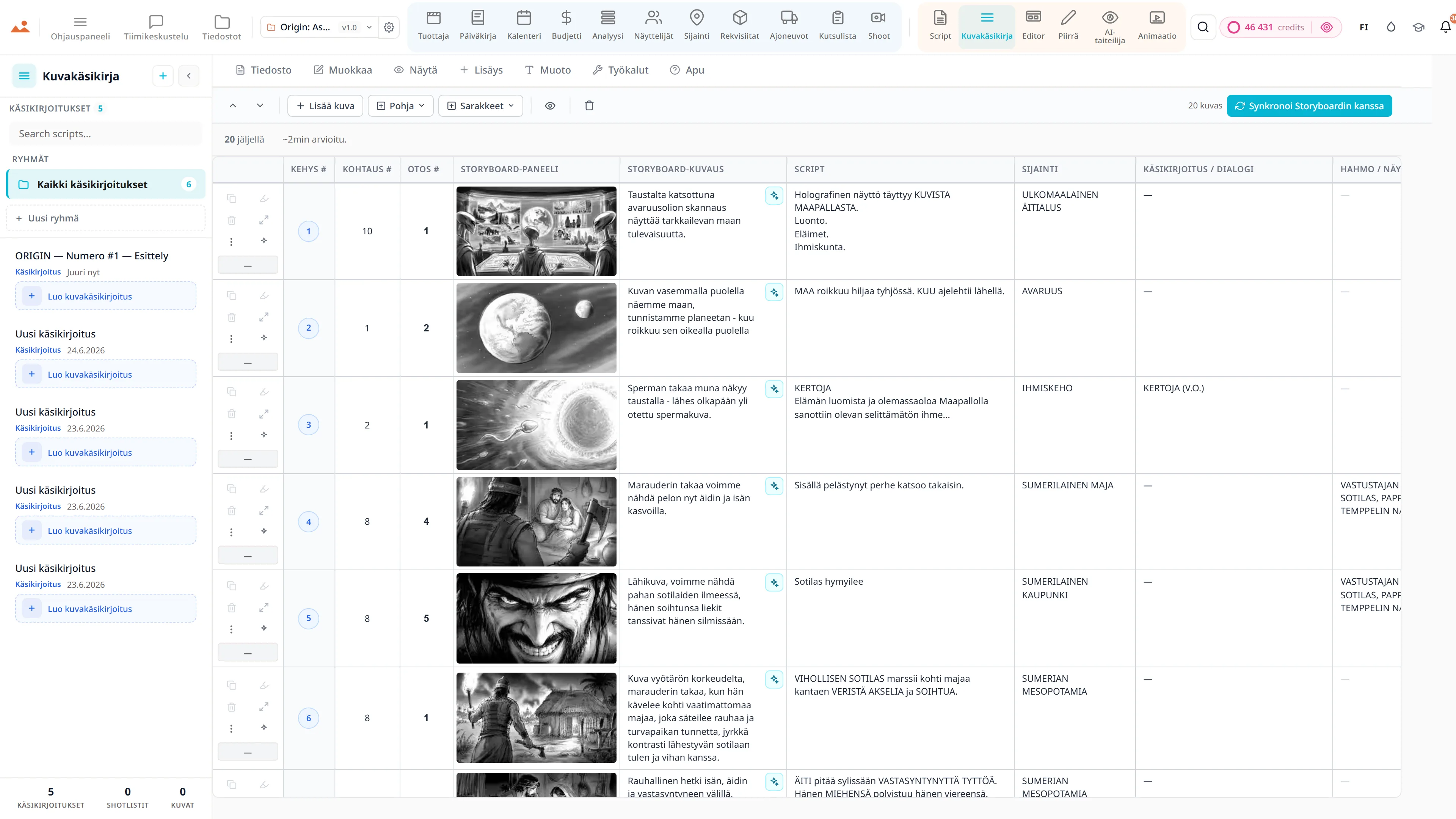 Shot list -sovellus - kamera, objektiivi ja liike per kuva, linkitetty storyboard-ruutuihin.