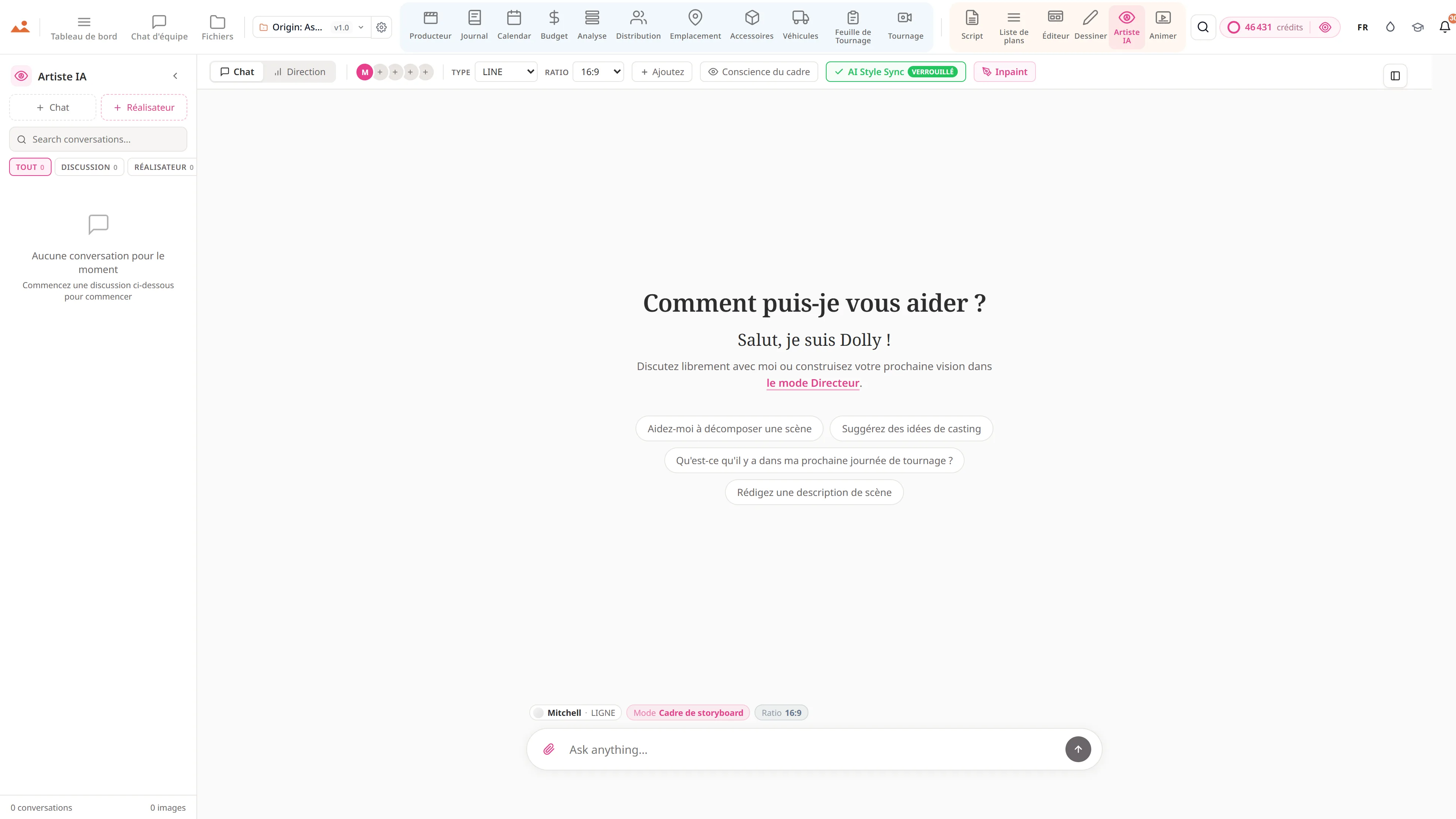 L'application AI Artist dans la démo gratuite, générant un Origin: Ascension cadre de storyboard dans le style de maison verrouillé du projet.