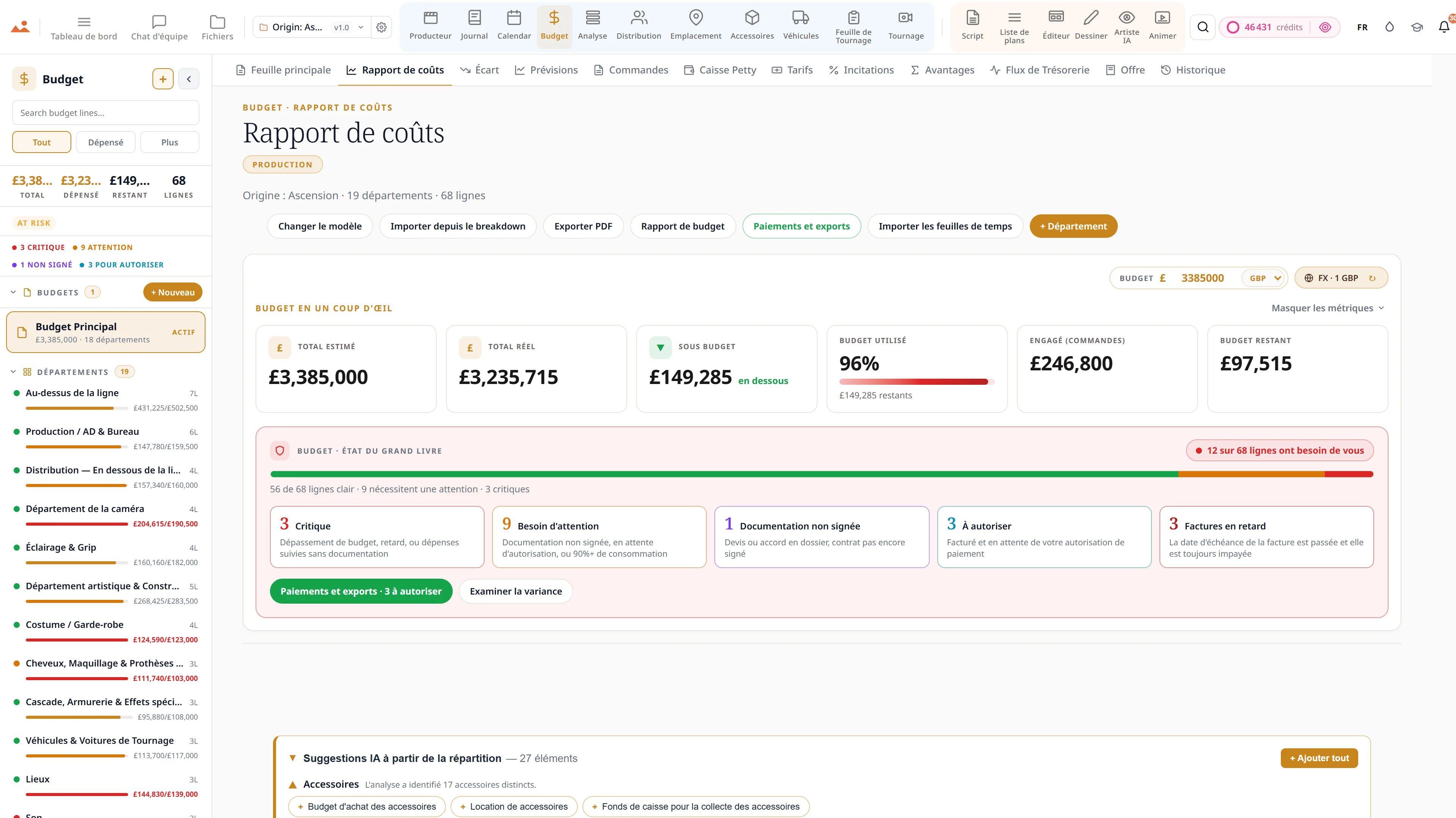 Application de budget de film - feuille principale, rapport de coûts et suivi des variations en GBP.