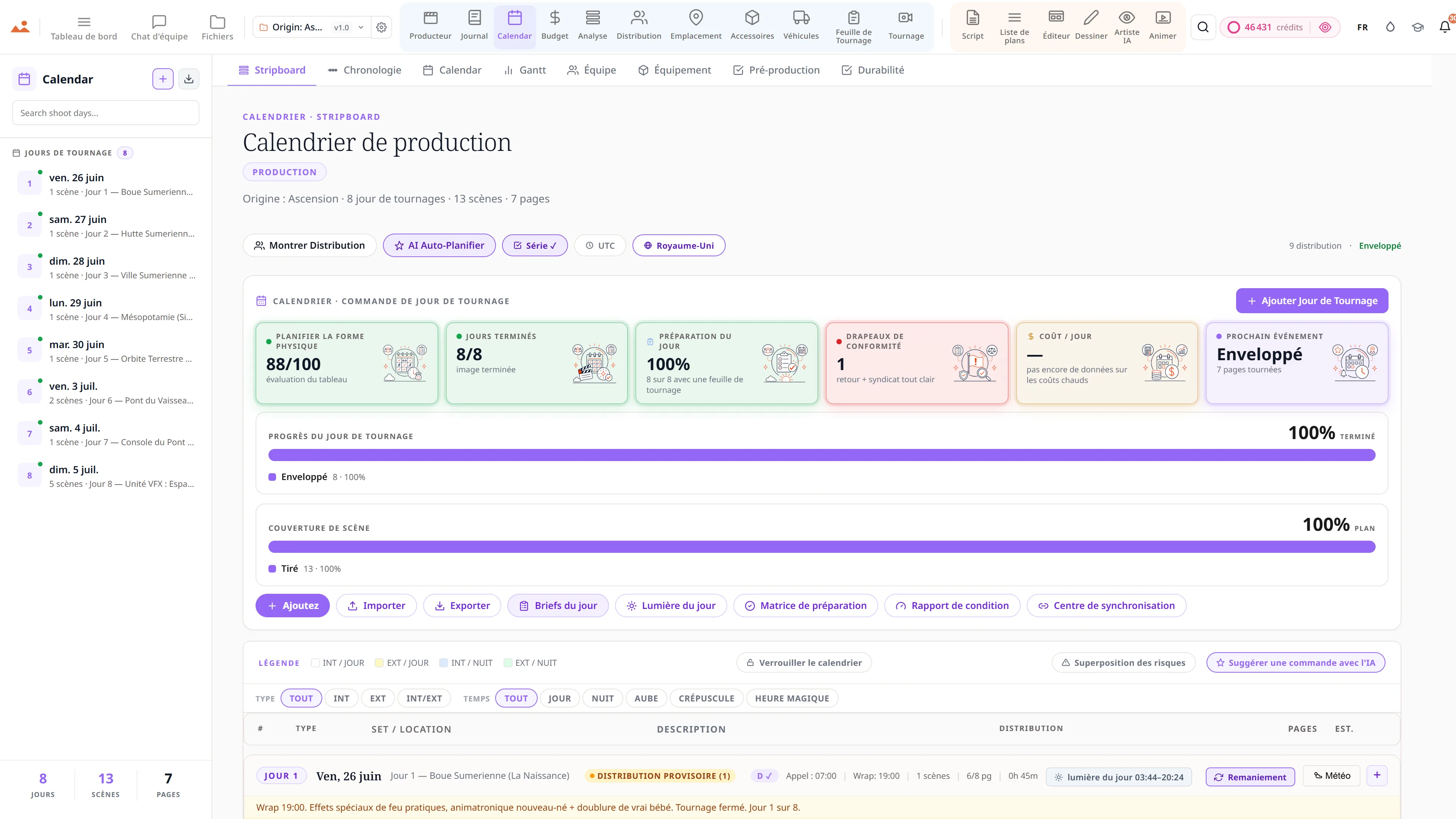 Calendrier de production et stripboard - bandes de scènes codées par couleur à travers les jours de tournage.