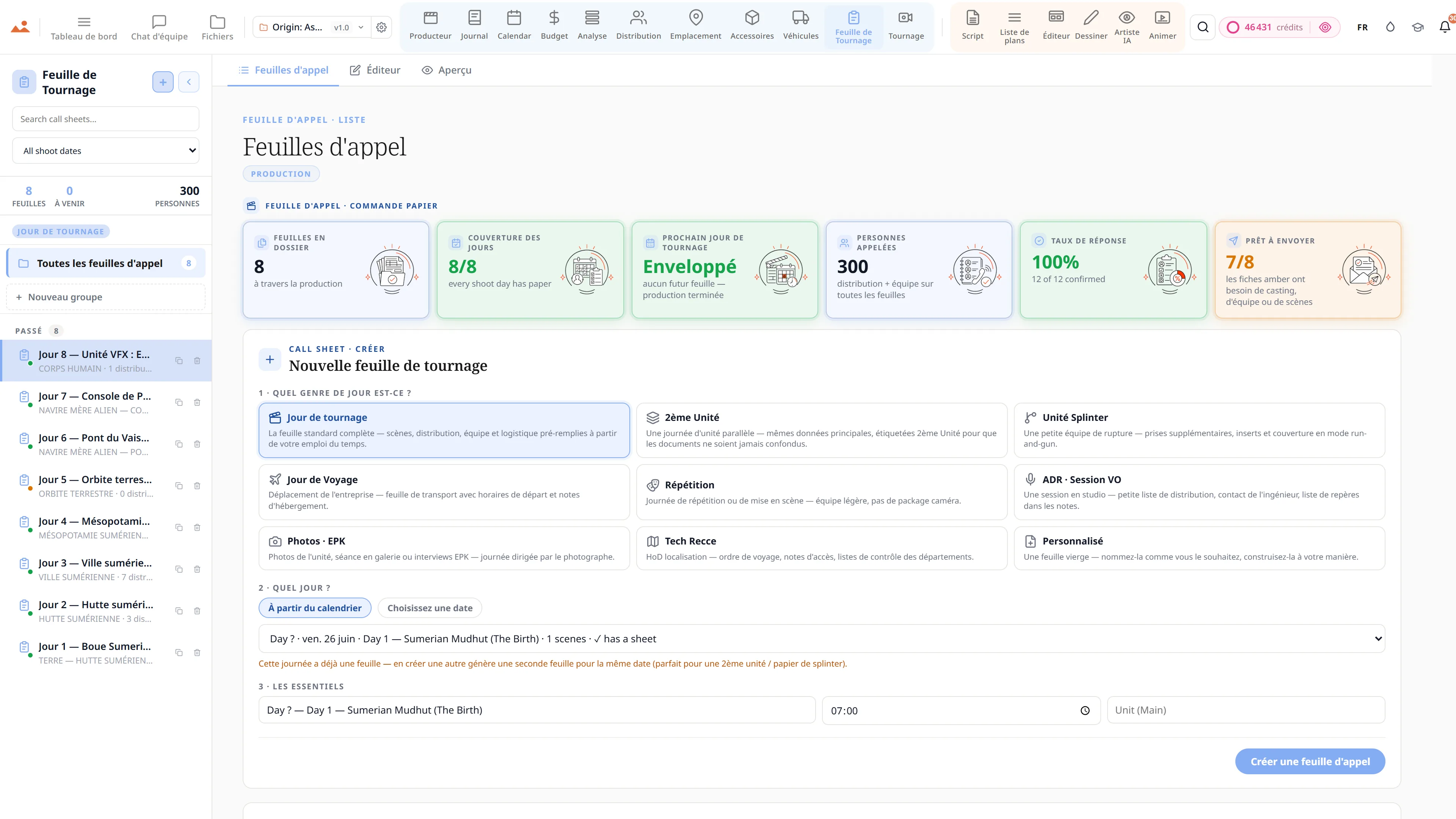 L'application Call Sheet dans la démo gratuite, affichant une Origin: Ascension feuille d'appel de jour de tournage terminée.