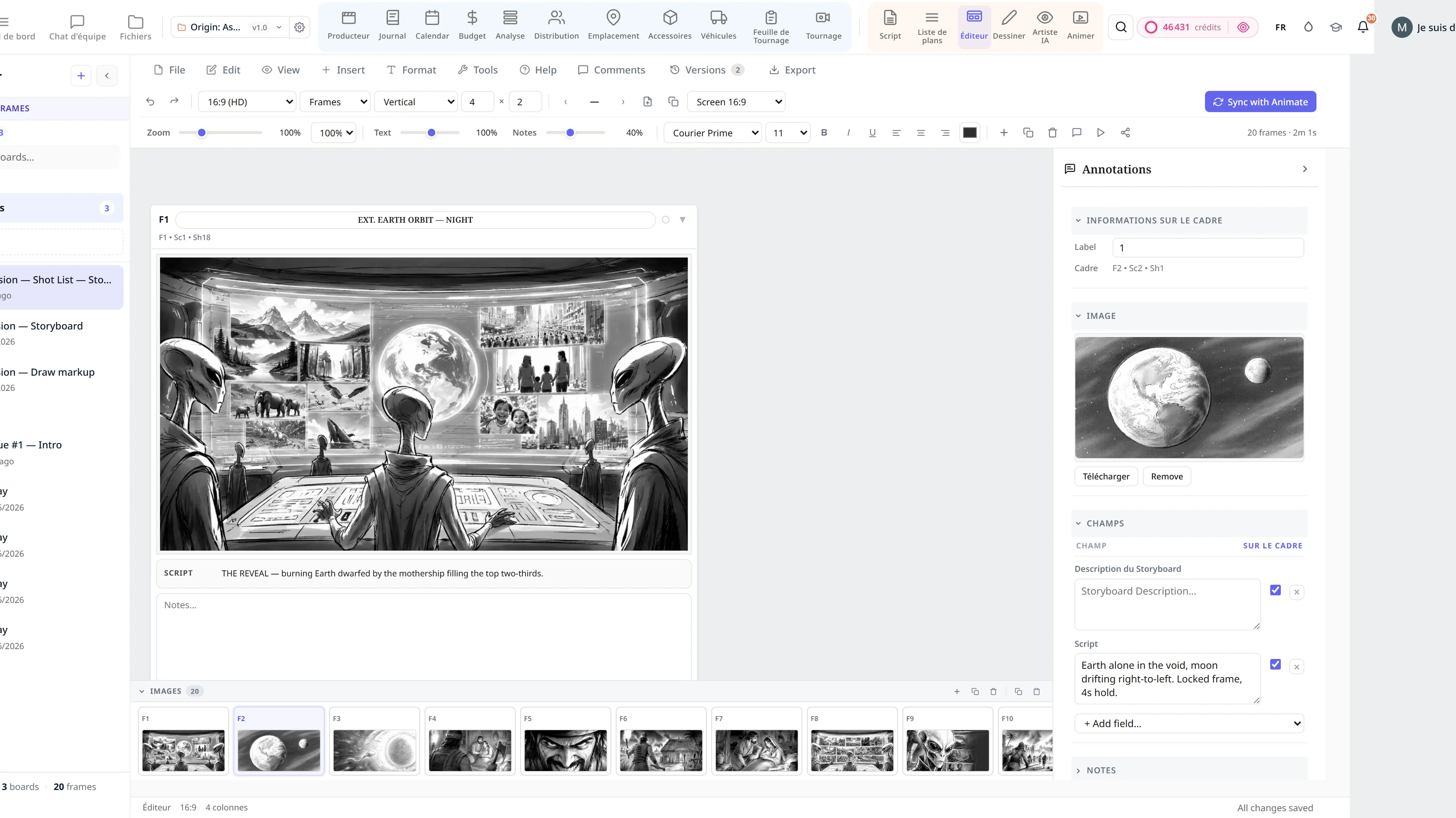 Éditeur de storyboard - une séquence de science-fiction avec des annotations de type de plan et de mouvement de caméra.