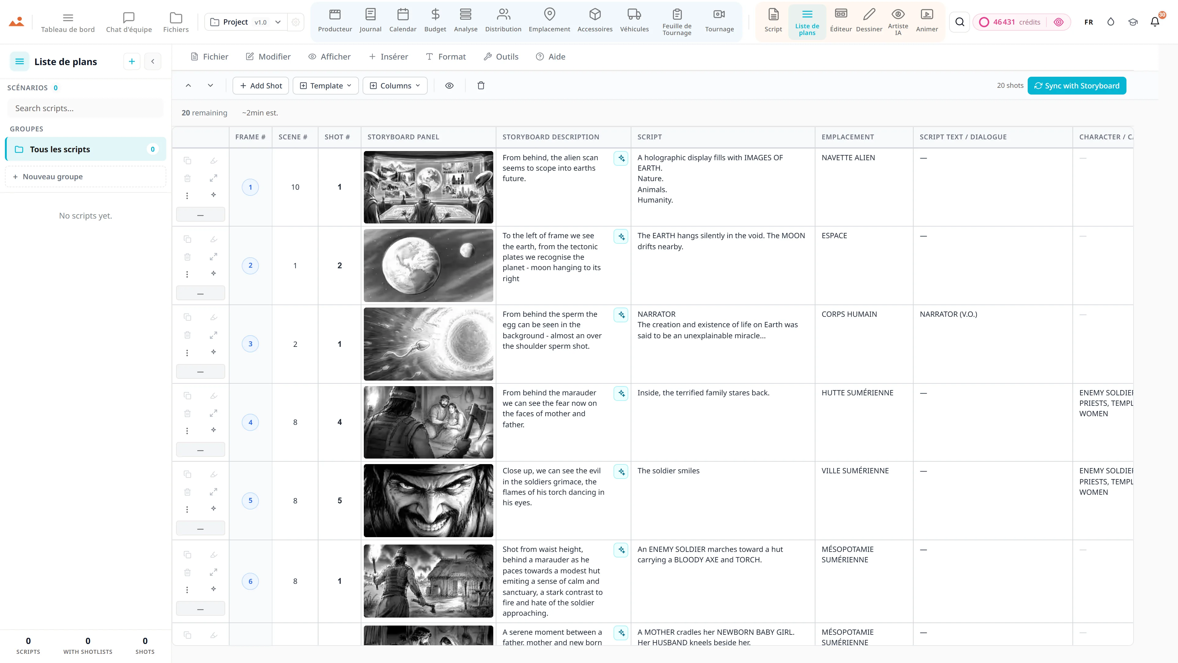 Application de liste de plans - caméra, objectif et mouvement par plan, lié aux cadres de storyboard.
