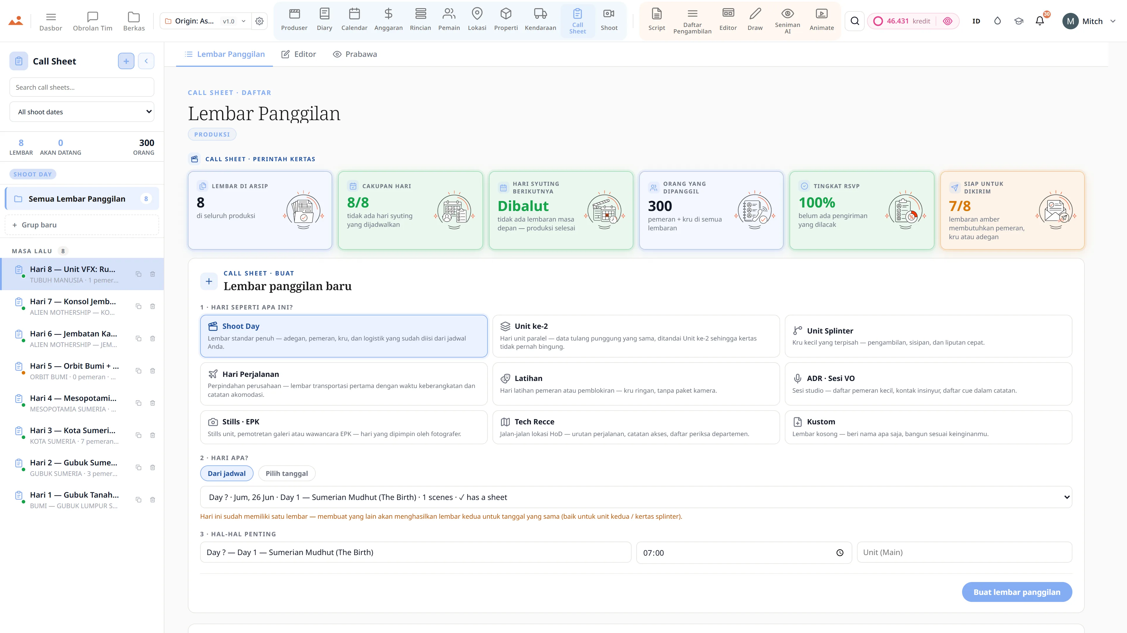 Aplikasi Call Sheet dalam demo gratis, menampilkan sebuah Origin: Ascension lembar panggilan hari syuting yang selesai.