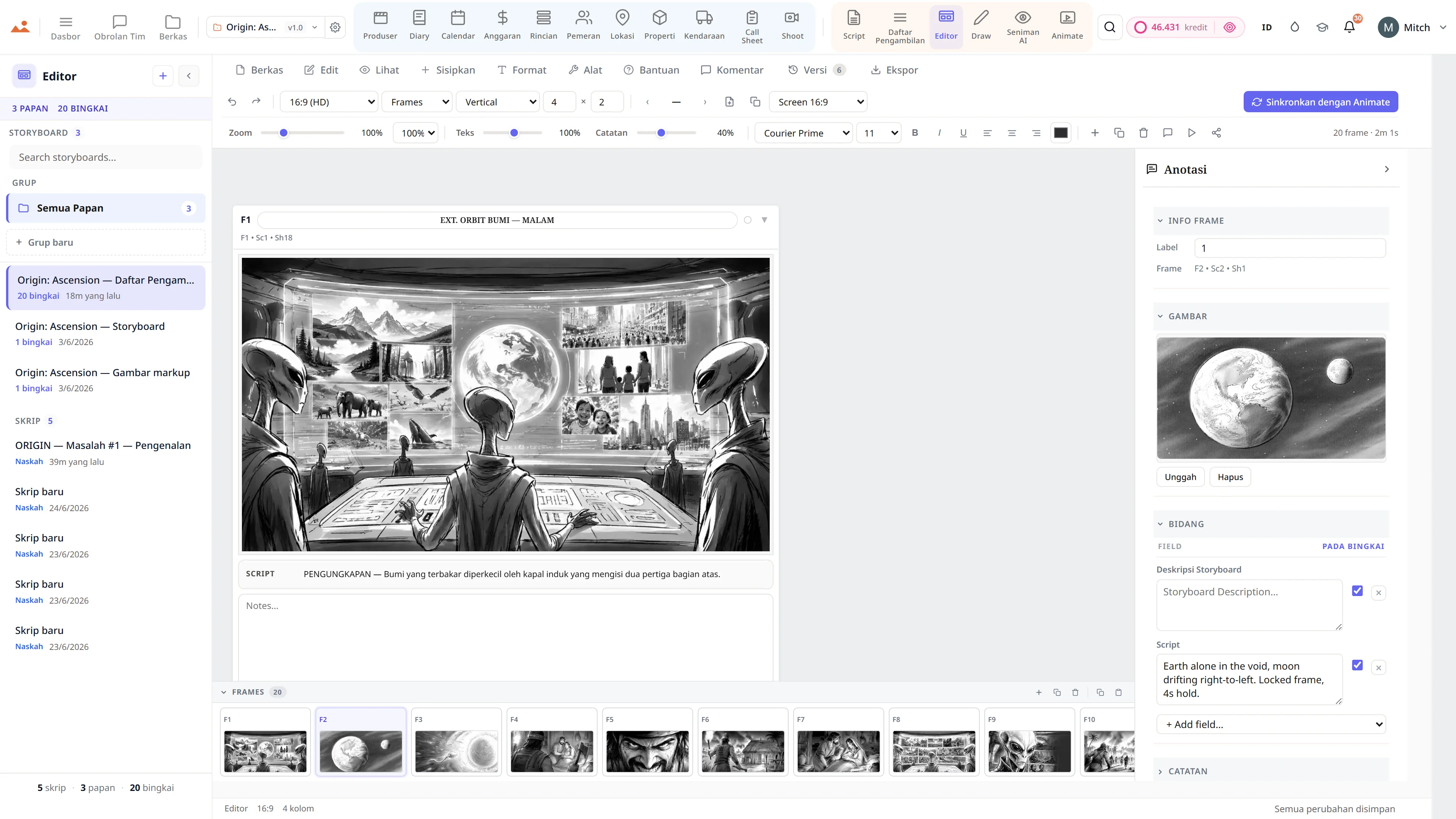 Editor storyboard - urutan fiksi ilmiah dengan anotasi jenis pengambilan dan gerakan kamera.