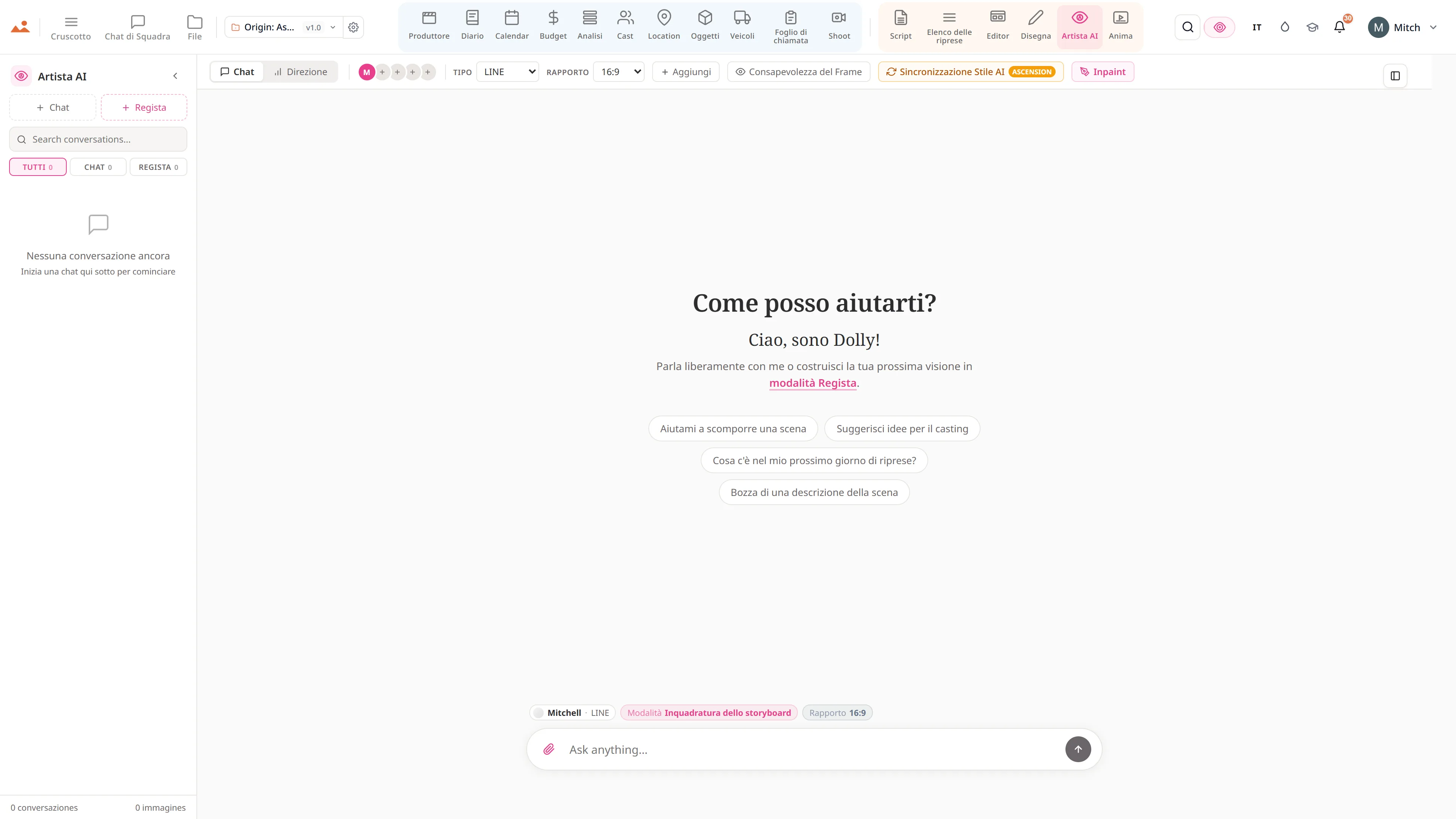 L'app AI Artist nella demo gratuita, generando un fotogramma di storyboard nello stile della casa bloccato del progetto.
