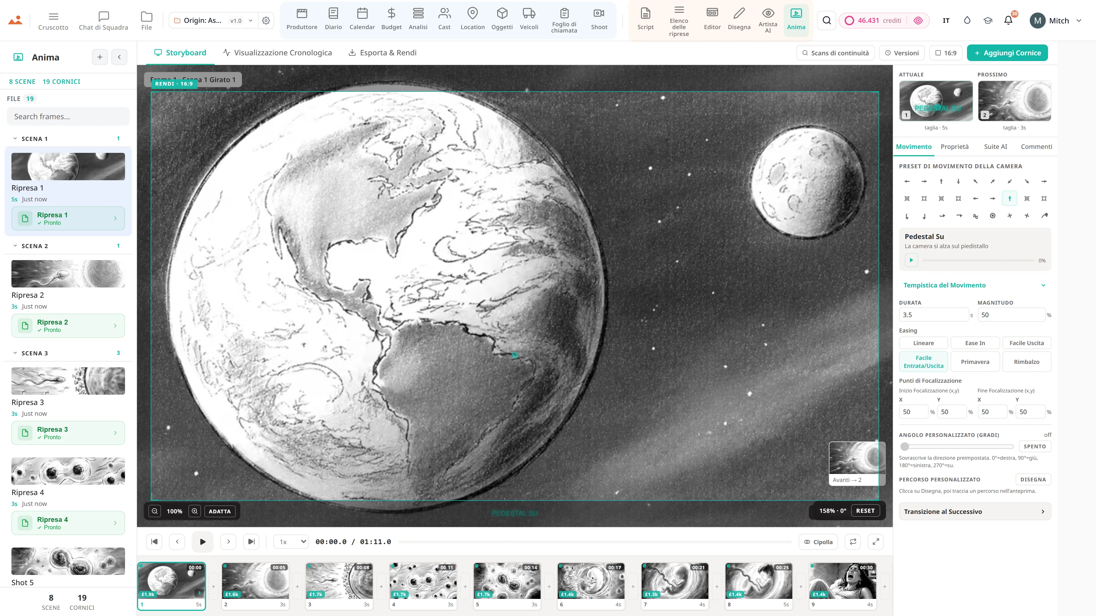L'app Animate nella demo gratuita, riproducendo l'animatic temporizzato.