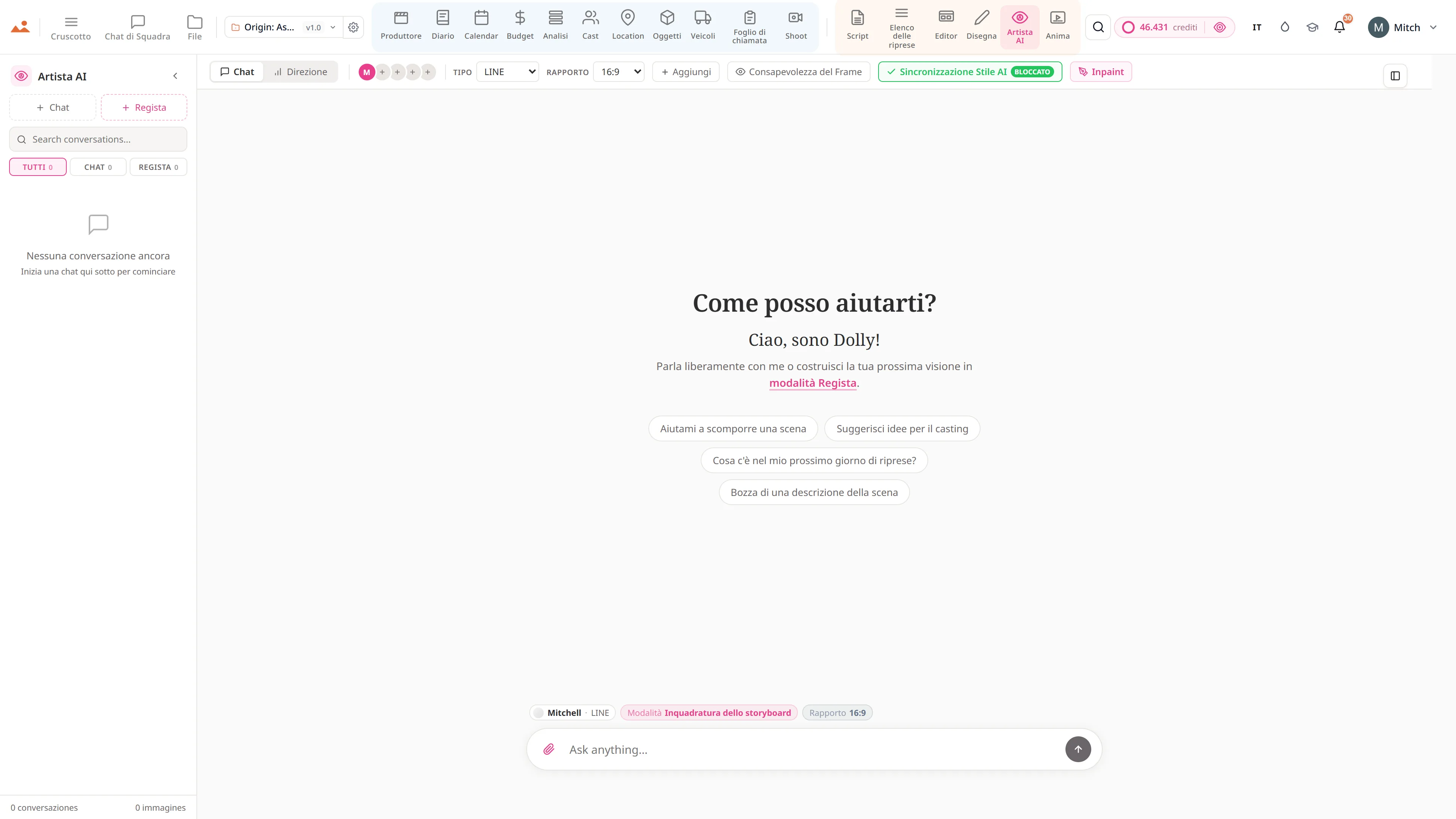 AI Artist - generazione di immagini storyboard bloccate nello stile con il motore DollyAI™.