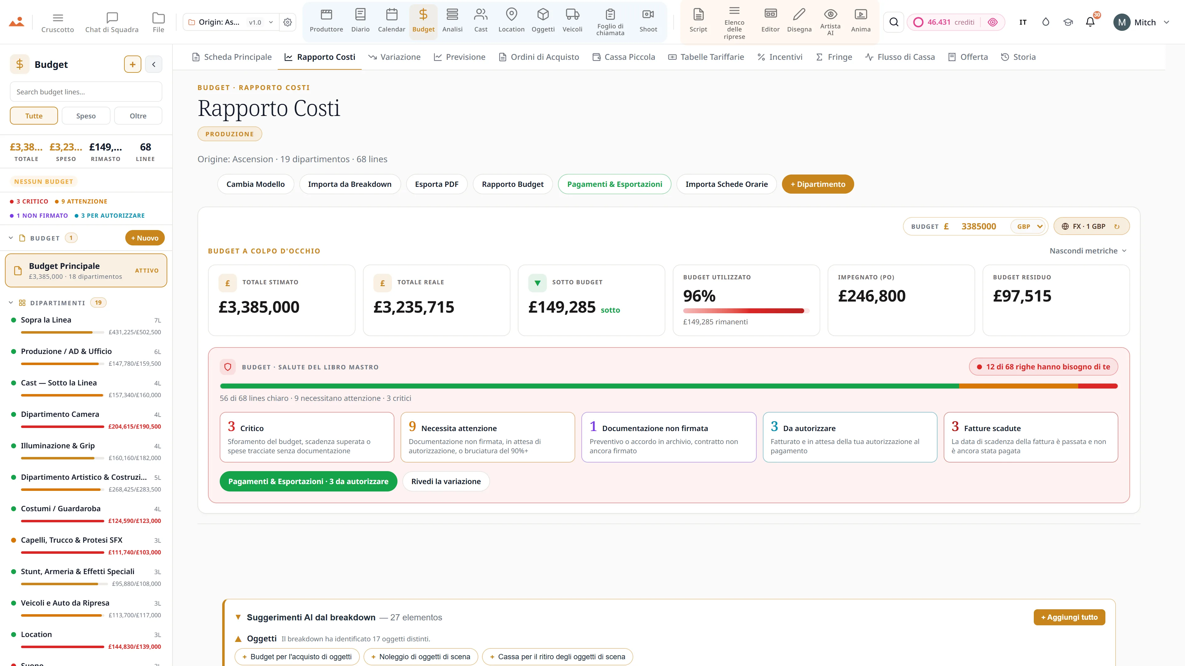 App Film Budget - foglio principale, rapporto costi e monitoraggio delle variazioni in GBP.