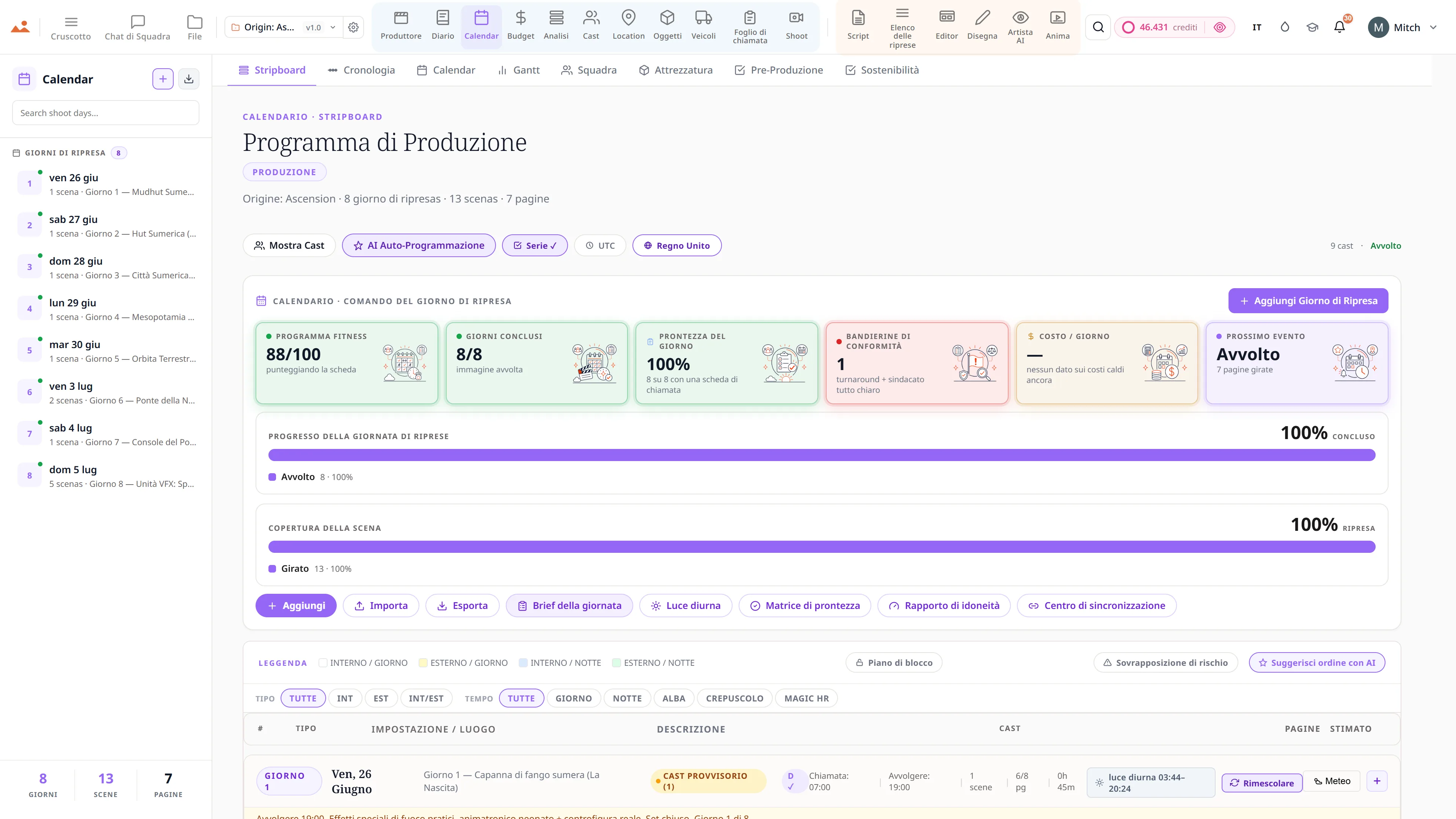 Calendario di produzione e stripboard - strisce di scena codificate a colori nei giorni di ripresa.