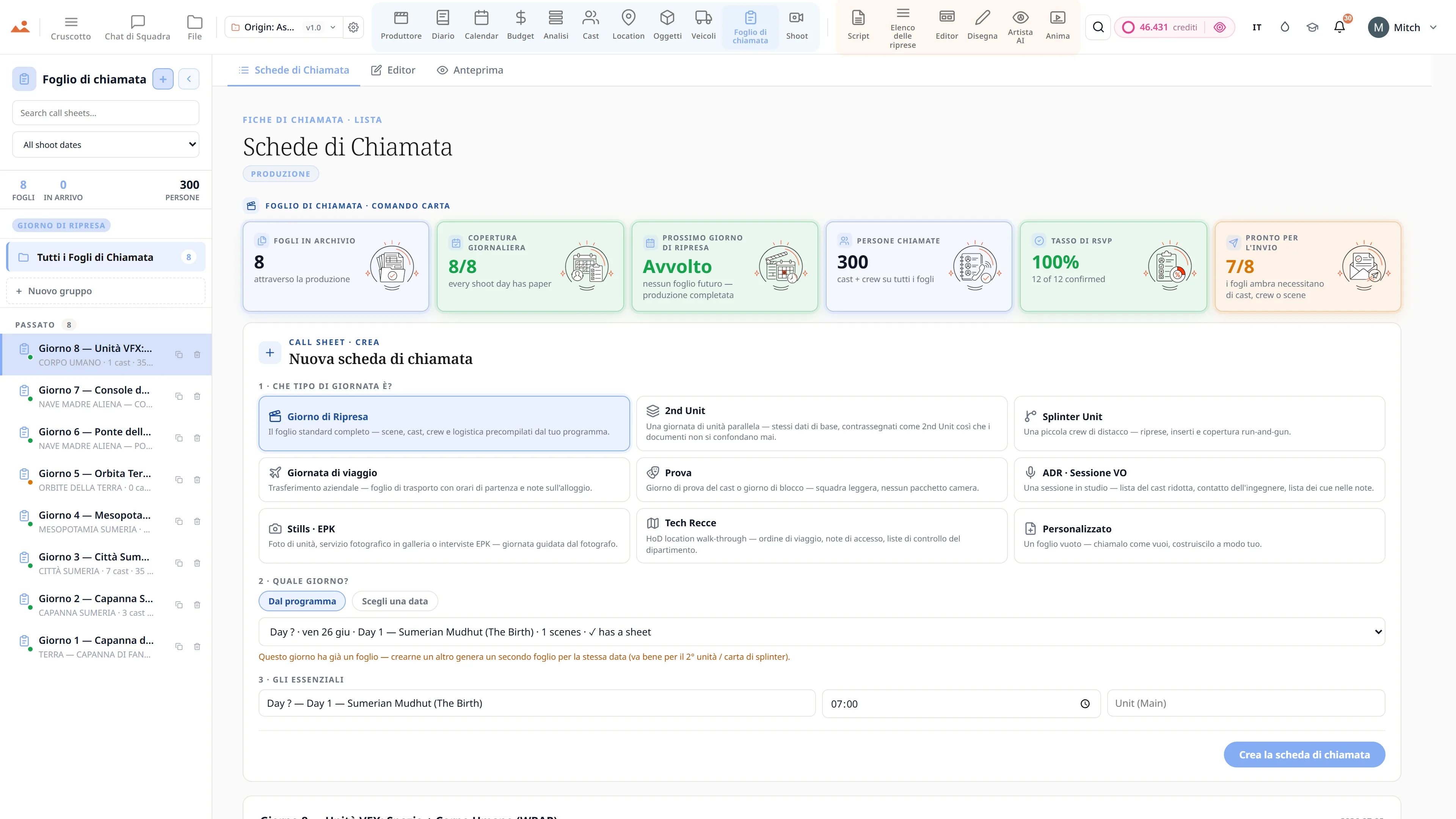 L'app Call Sheet nella demo gratuita, che mostra una scheda di chiamata per un giorno di riprese completato.