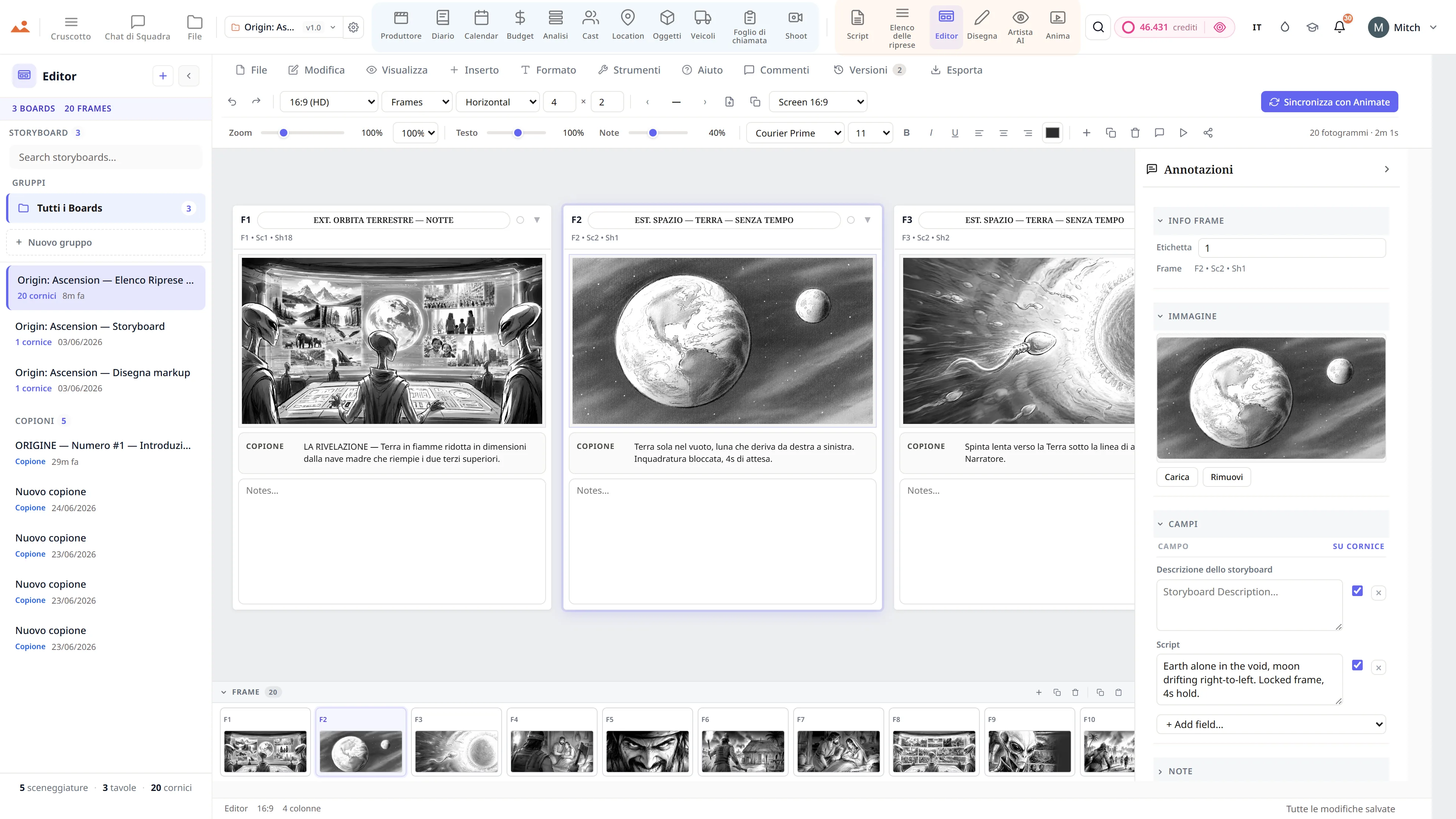 Editor di storyboard - una sequenza di fantascienza con annotazioni sul tipo di ripresa e movimento della camera.