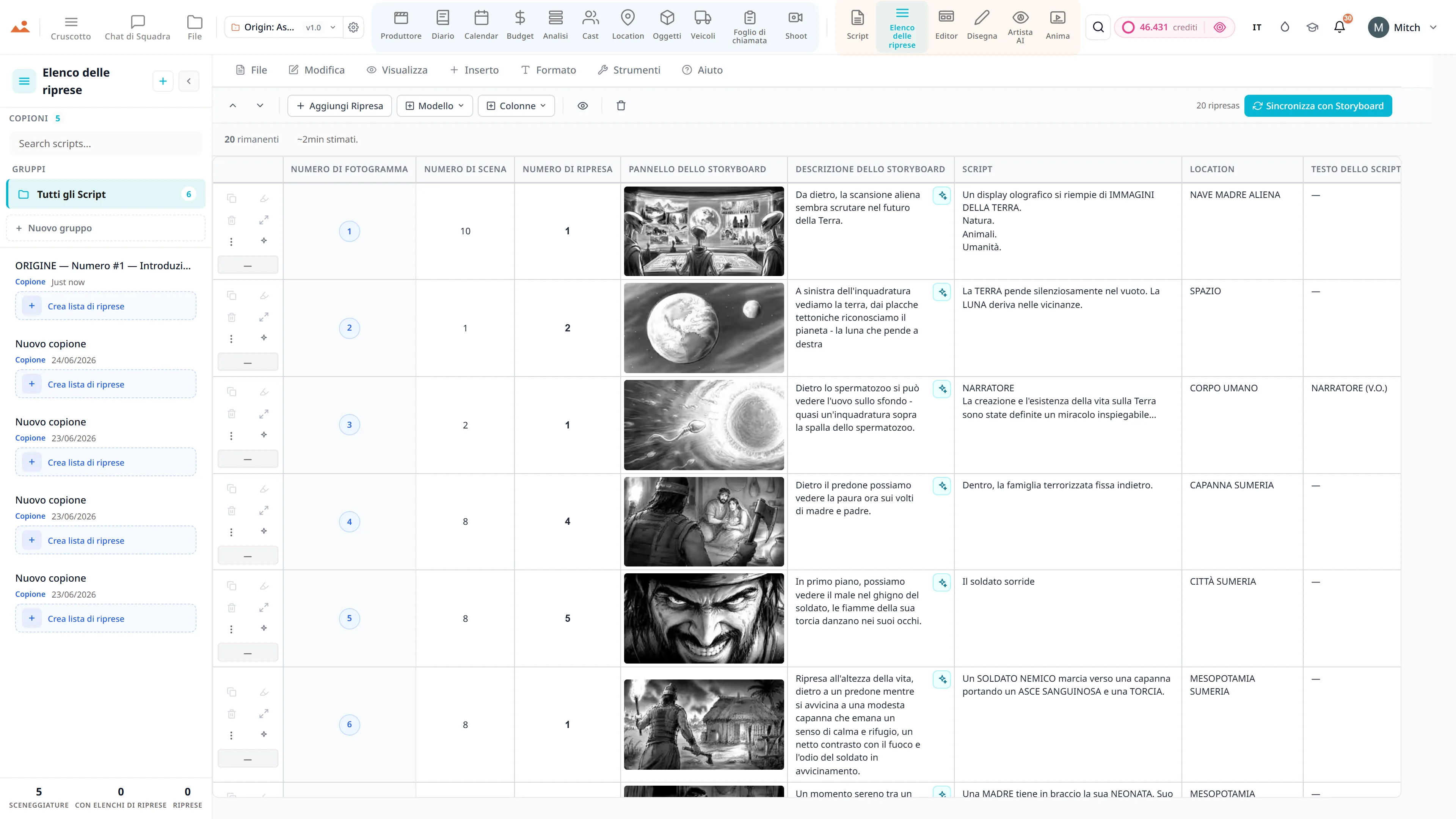 App di lista riprese - camera, obiettivo e movimento per ripresa, collegata ai fotogrammi storyboard.
