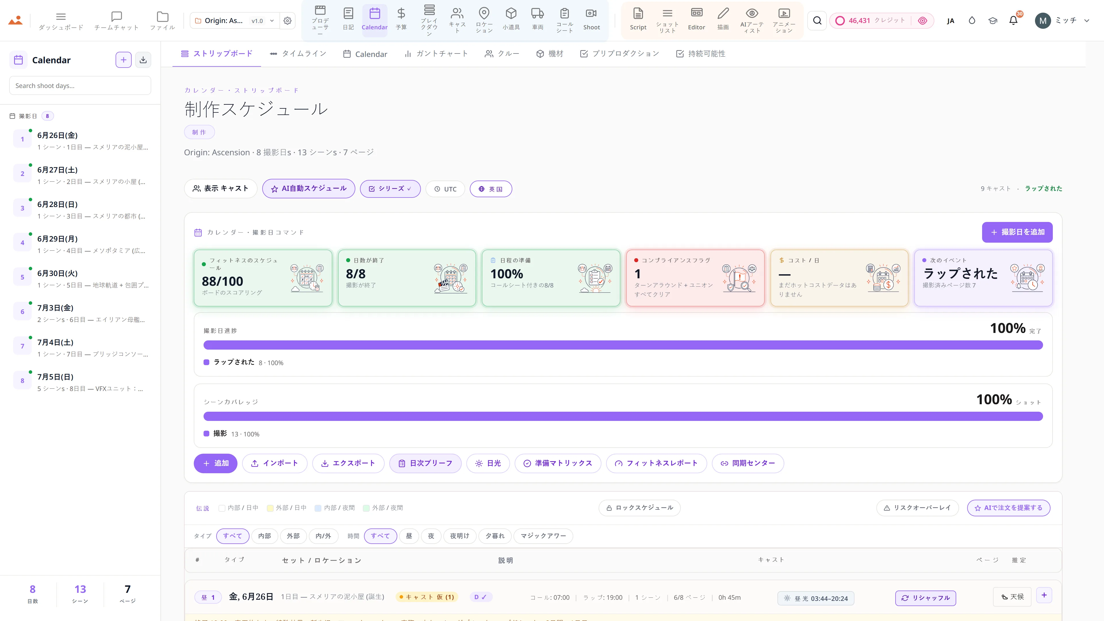 制作カレンダーとストリップボード - 撮影日ごとの色分けされたシーンストリップ。