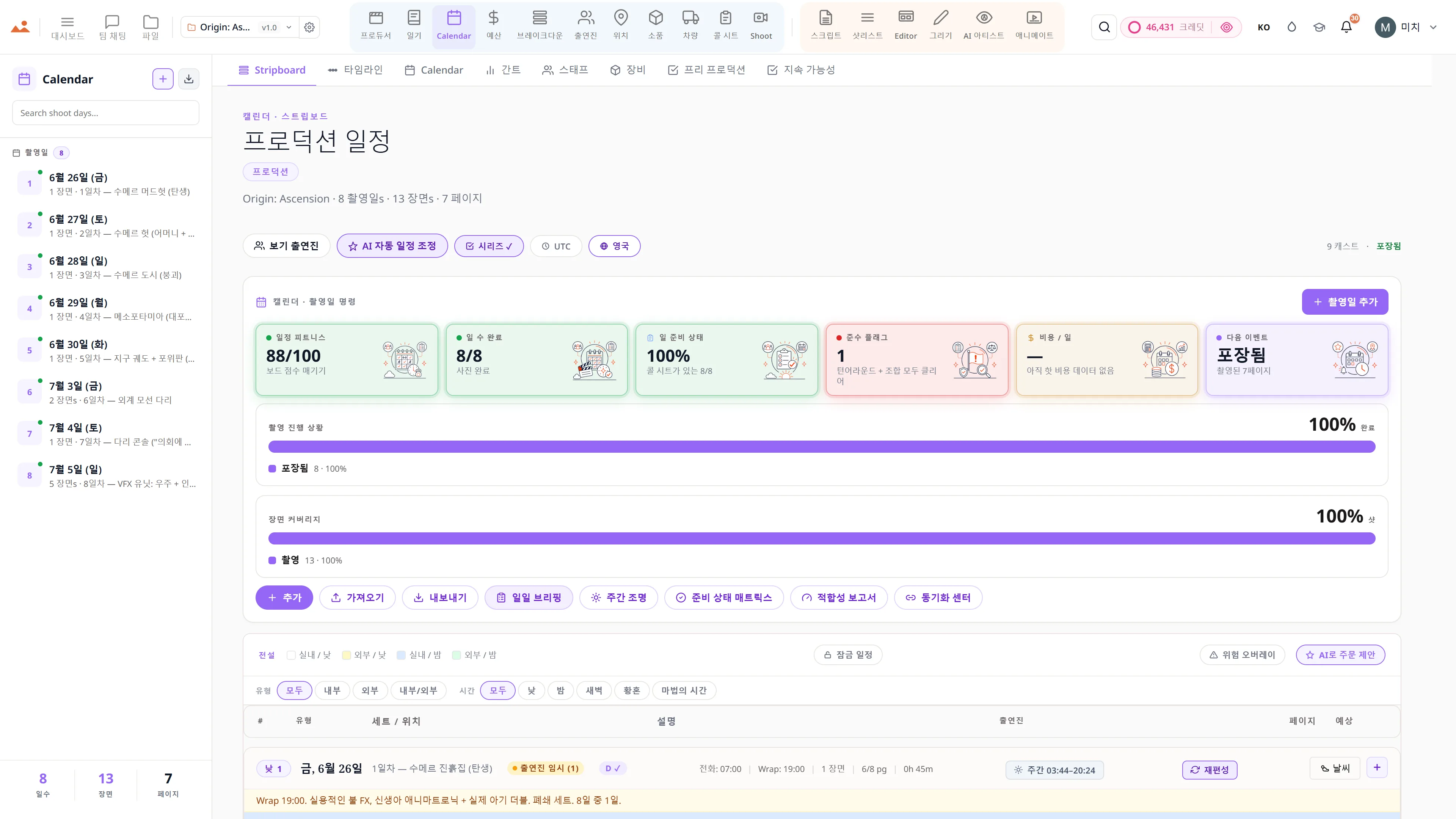 제작 일정 및 스트립보드 - 촬영 일자에 따라 색상 코드가 지정된 장면 스트립.