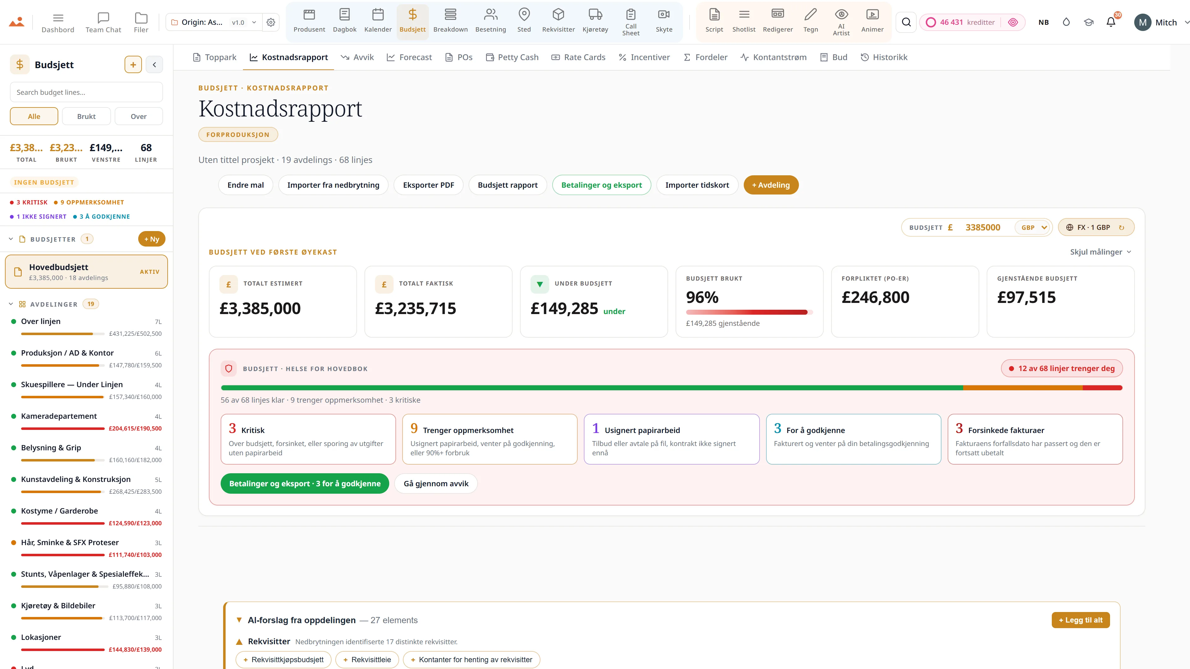 Filmbudsjettapp - toppark, kostnadsrapport og avviksoppfølging i GBP.